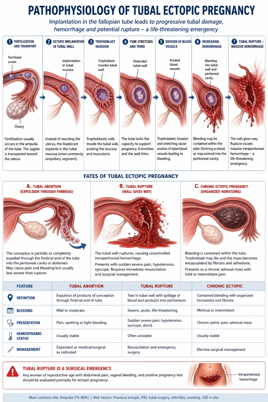 Pathophysiology cascade of tubal ectopic pregnancy from delayed ovum transit through ciliary dysfunction, tubal implantation, trophoblast invasion, tubal stretching and rupture with intraperitoneal haemorrhage.