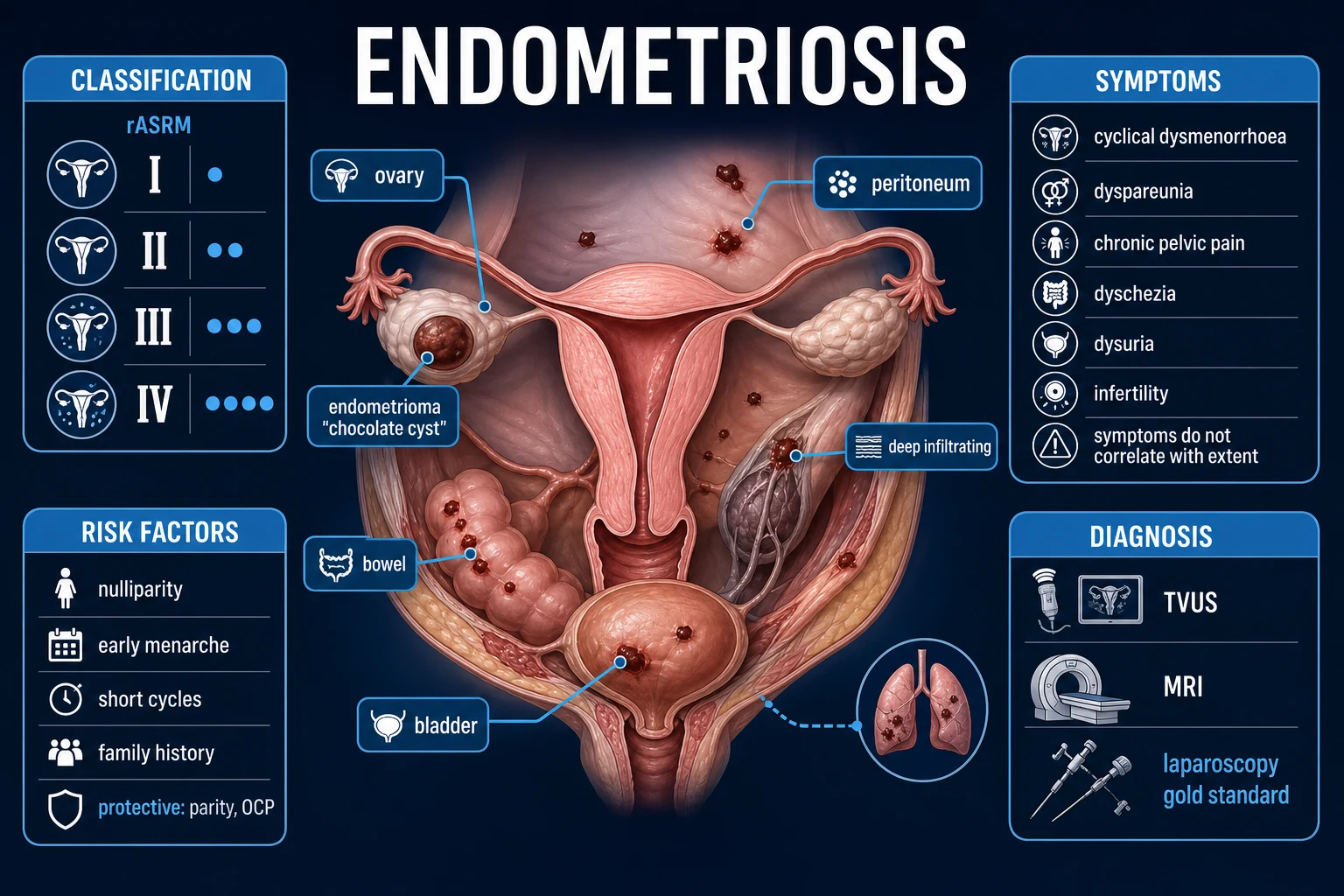 Clean infographic: three endometriosis phenotypes (superficial peritoneal, ovarian endometrioma, deep infiltrating), rASRM stages I-IV, common implant sites