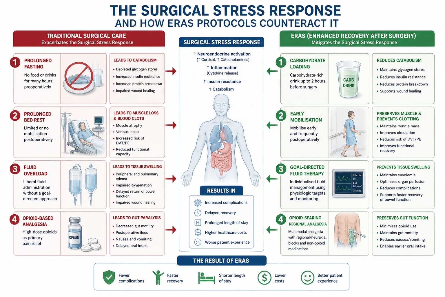 Surgical stress response neuroendocrine-inflammatory-metabolic cascade and how each ERAS element counteracts it.