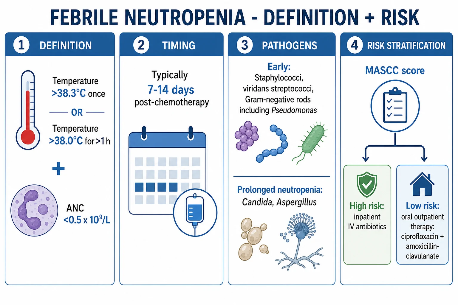 Stepwise management of febrile neutropenia — resuscitation, empiric antibiotics, escalation, de-escalation, and step-down.
