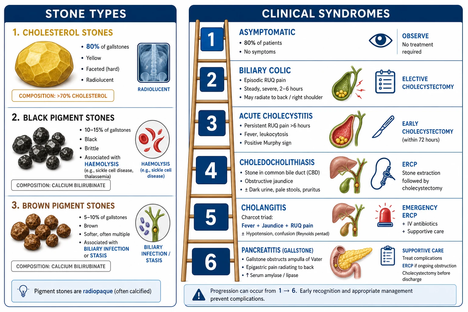 Gallstone types and clinical syndrome severity ladder from asymptomatic through cholangitis.