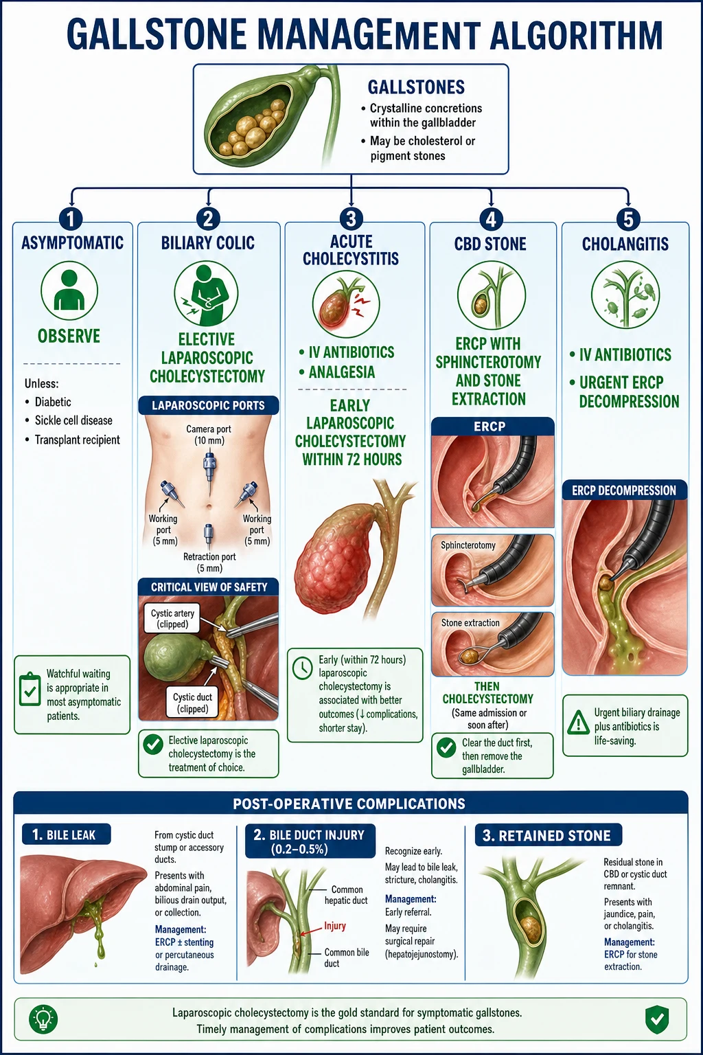 Gallstone management algorithm by clinical syndrome: asymptomatic (observe), biliary colic (elective cholecystectomy), cholecystitis (early cholecystectomy), CBD stone (ERCP), cholangitis (emergency ERCP).