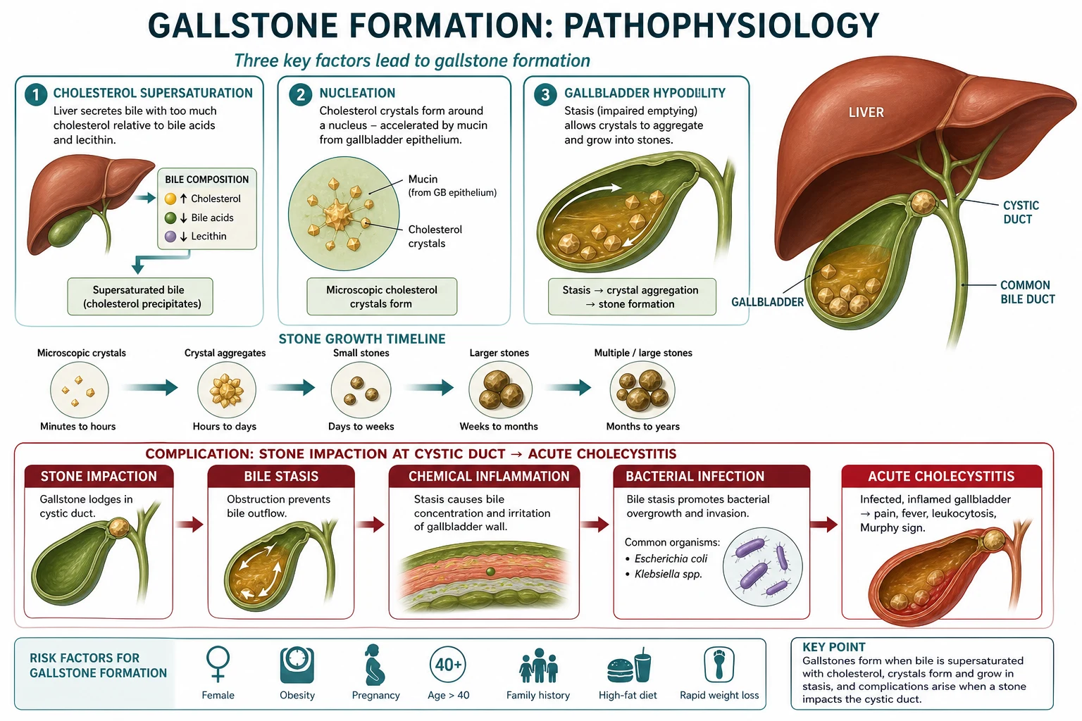 Gallstone formation: cholesterol supersaturation, nucleation, and gallbladder hypomotility.