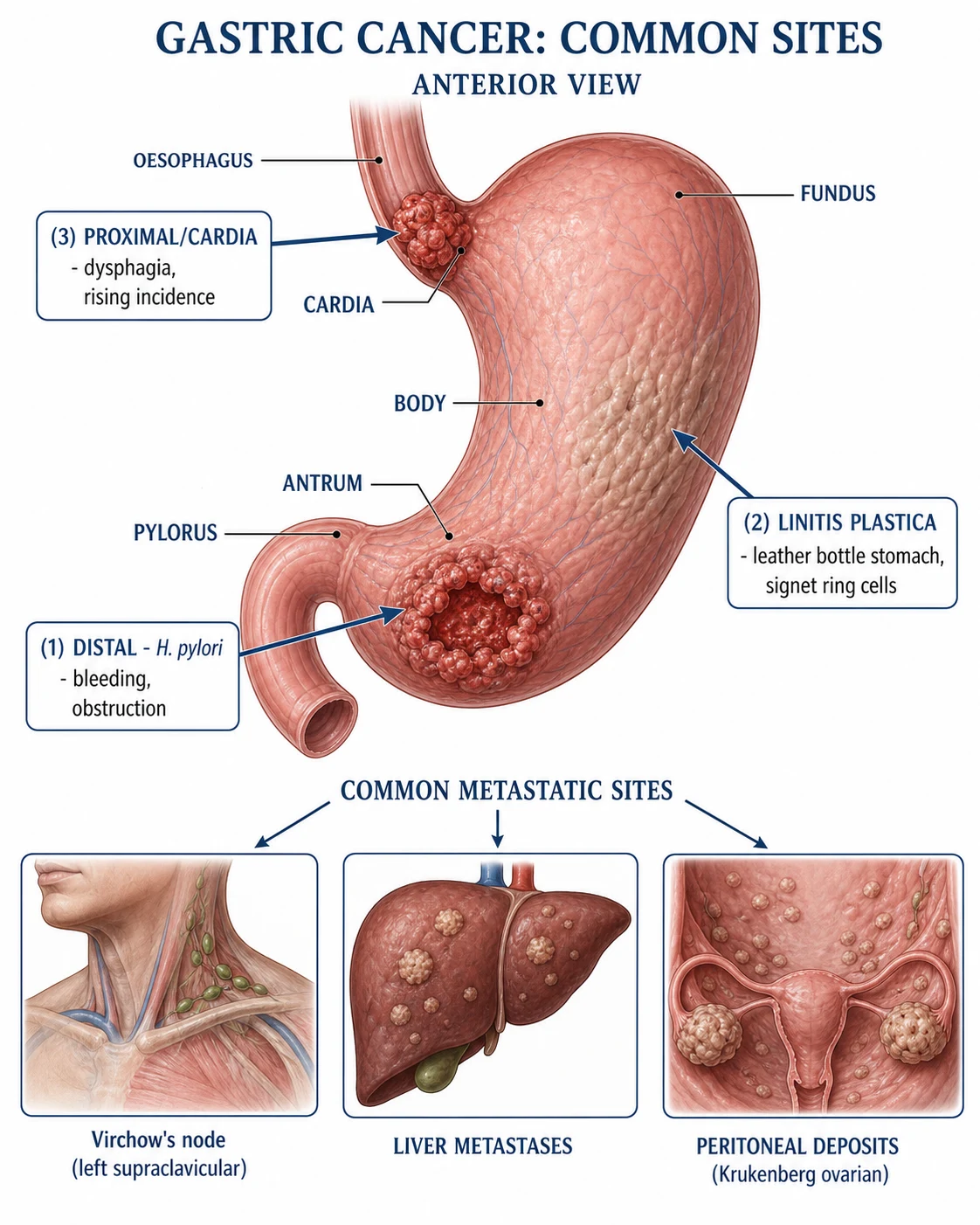 Lauren classification: intestinal type (gland-forming, H. pylori-linked, better prognosis) vs diffuse type (signet ring, CDH1 loss, linitis plastica, worse prognosis). Correa cascade: normal mucosa to carcinoma over decades.