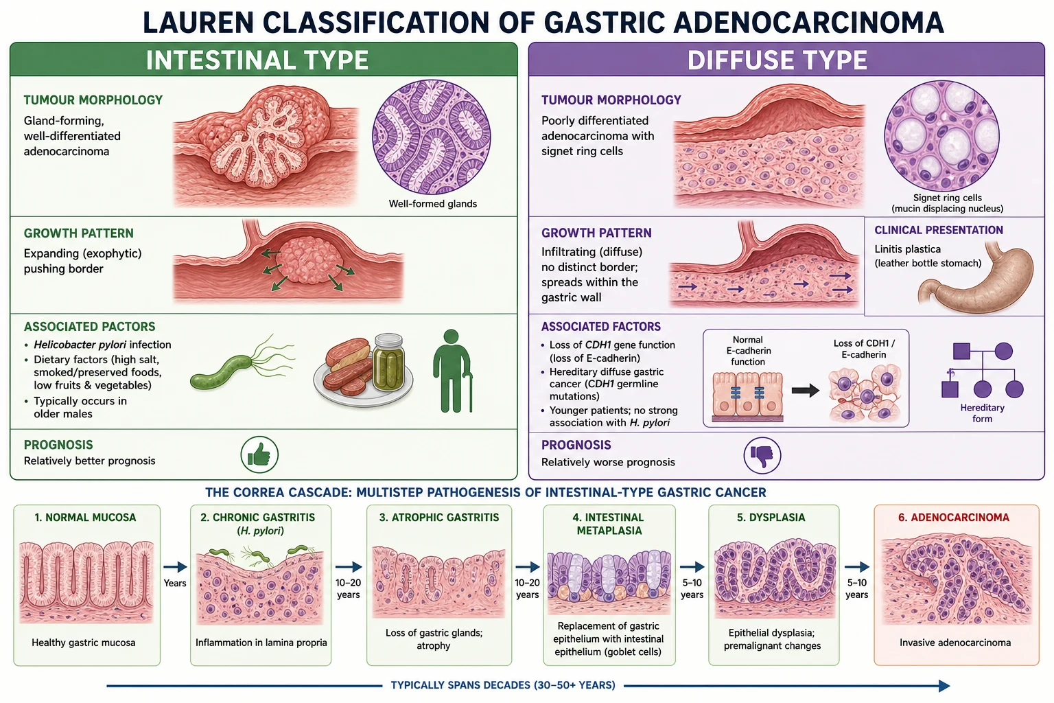 H. pylori mechanism: BabA adhesion, CagA injection, urease, ROS DNA damage. Spread: direct (pancreas, liver), lymphatic (Virchow node), haematogenous (liver, lung), transcoelomic (Krukenberg, Sister Mary Joseph).