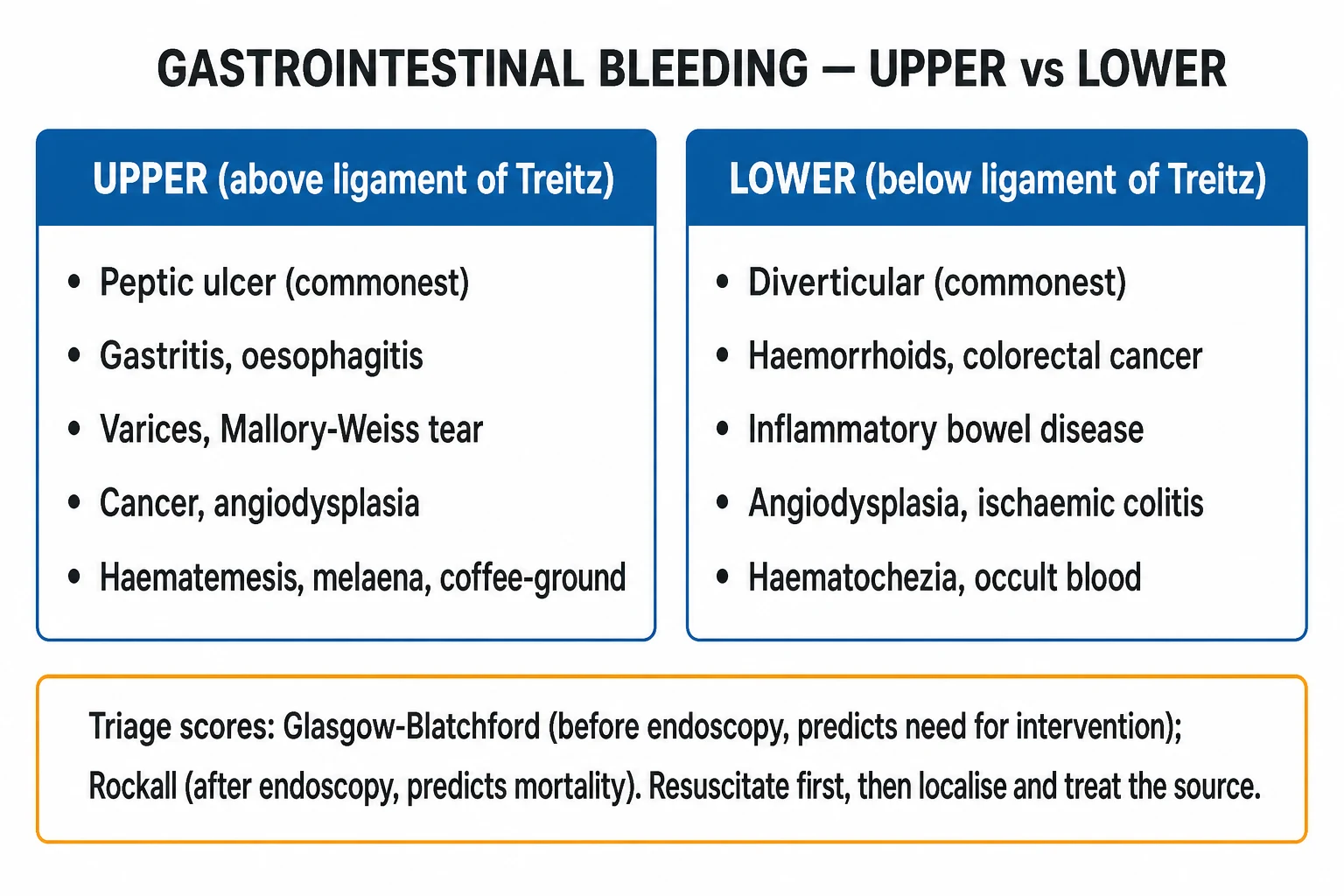Clean management infographic: resuscitation bundle, then OGD within 24 hours for UGIB with Forrest-based endoscopic therapy plus IV PPI, the variceal bundle of terlipressin plus antibiotic plus band ligation plus TIPS, and for LGIB the colonoscopy versus CT-angiography-plus-embolisation pathway