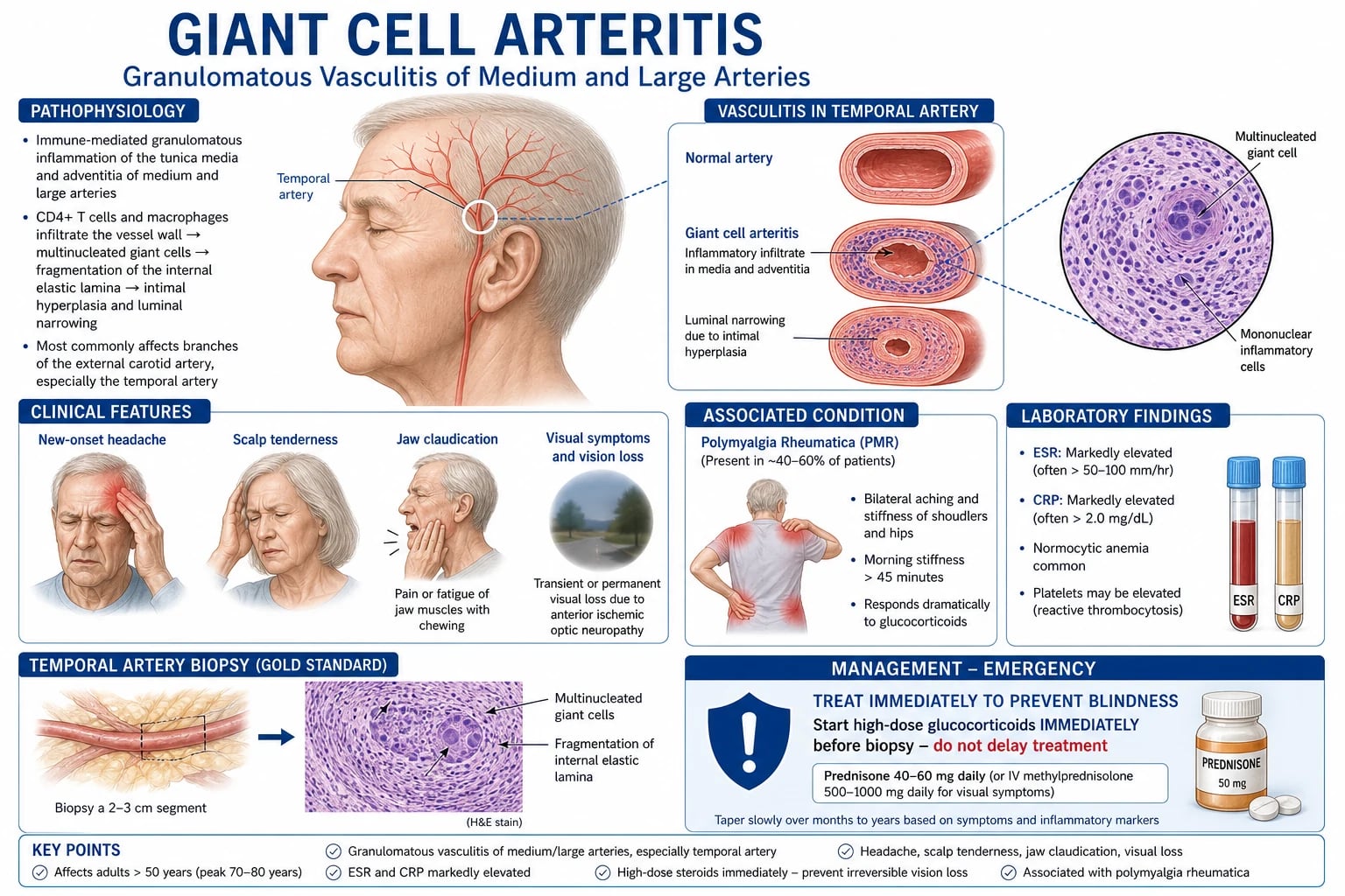Pathophysiology of giant cell arteritis: granulomatous inflammation of the arterial wall with intimal hyperplasia and luminal occlusion
