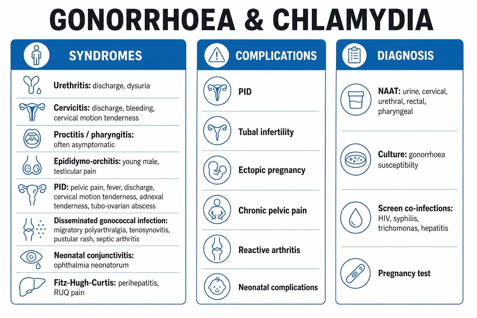 Clean infographic: clinical syndromes, complications, diagnosis and prevention of gonorrhoea and chlamydia