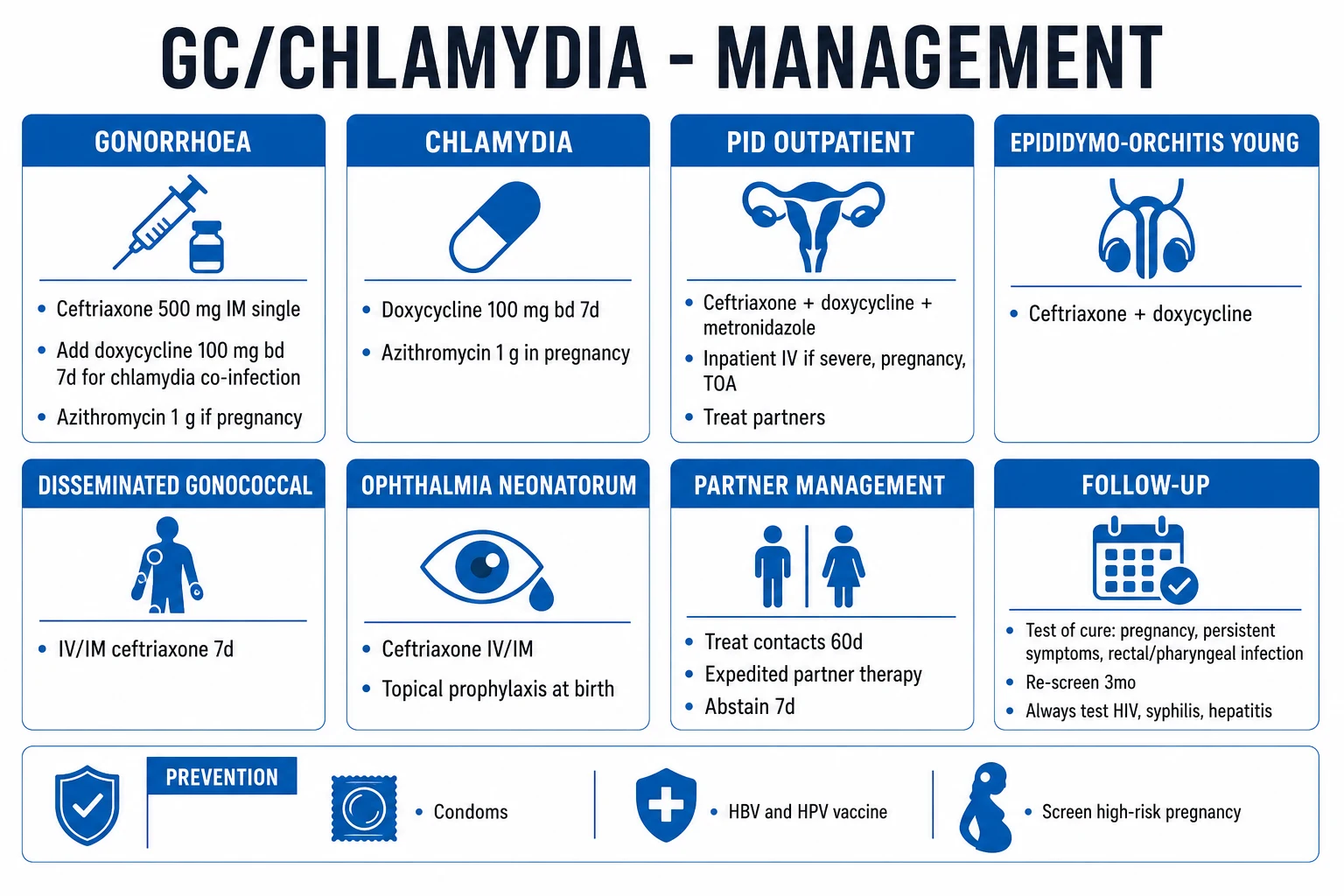 Clean management infographic: empirical therapy for gonorrhoea and chlamydia, PID, epididymo-orchitis, disseminated gonococcal infection, ophthalmia neonatorum and partner management