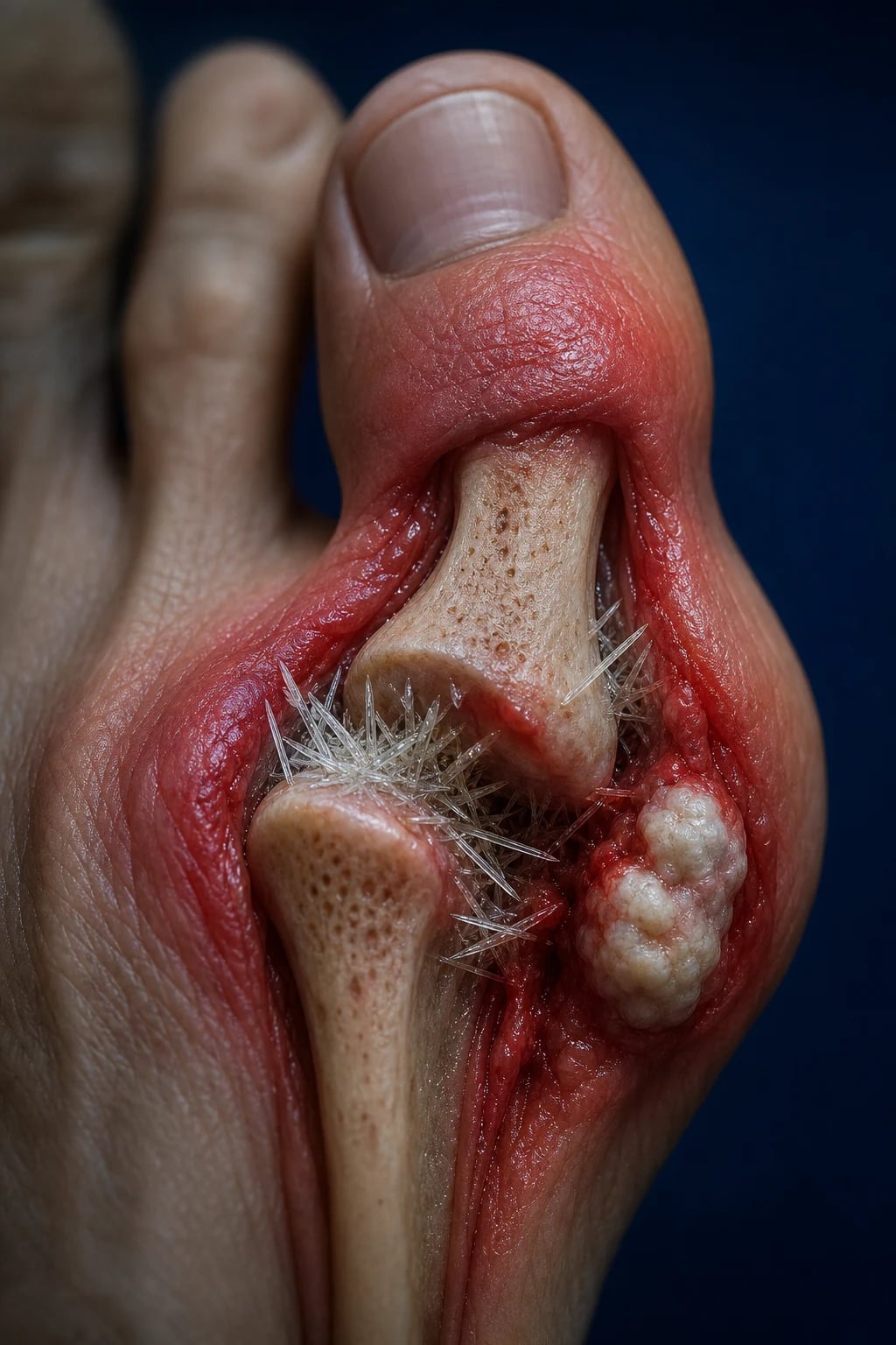 Clean infographic: the four clinical phases of gout (asymptomatic hyperuricaemia, acute gouty arthritis, intercritical, chronic tophaceous) plus the 2015 ACR/EULAR classification threshold score of 8, with the crystal, clinical and imaging domains