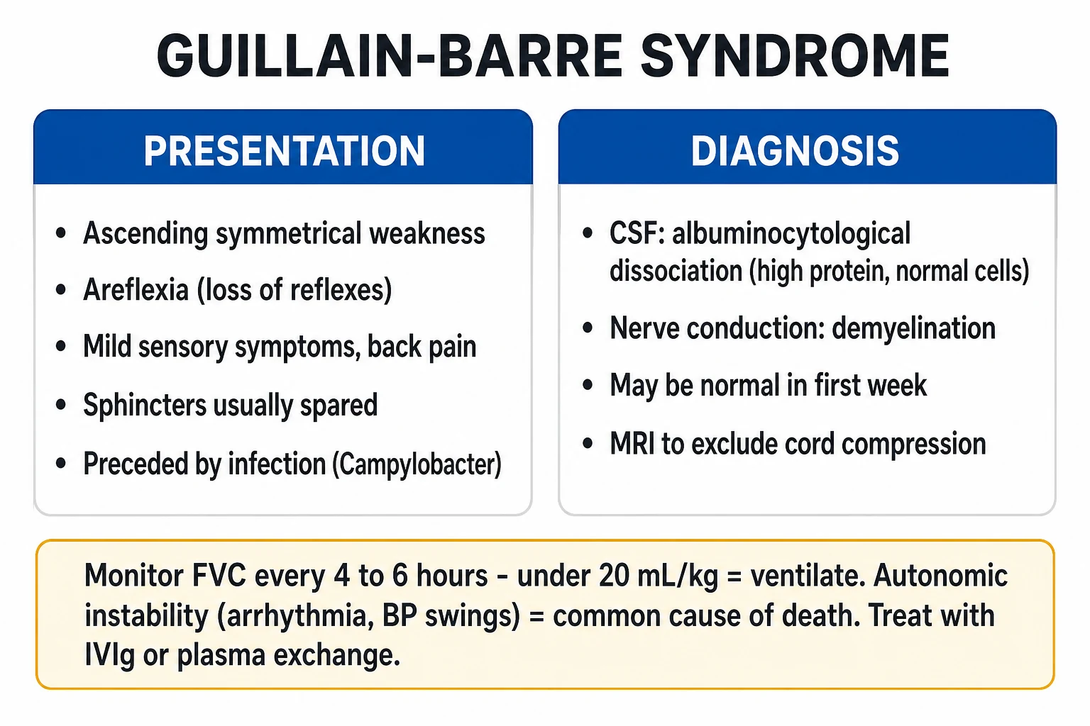 Infographic of the GBS clinical spectrum from AIDP through AMAN, AMSAN, Miller Fisher syndrome, Bickerstaff brainstem encephalitis and the pharyngeal-cervical-brachial variant, with their characteristic antibody associations