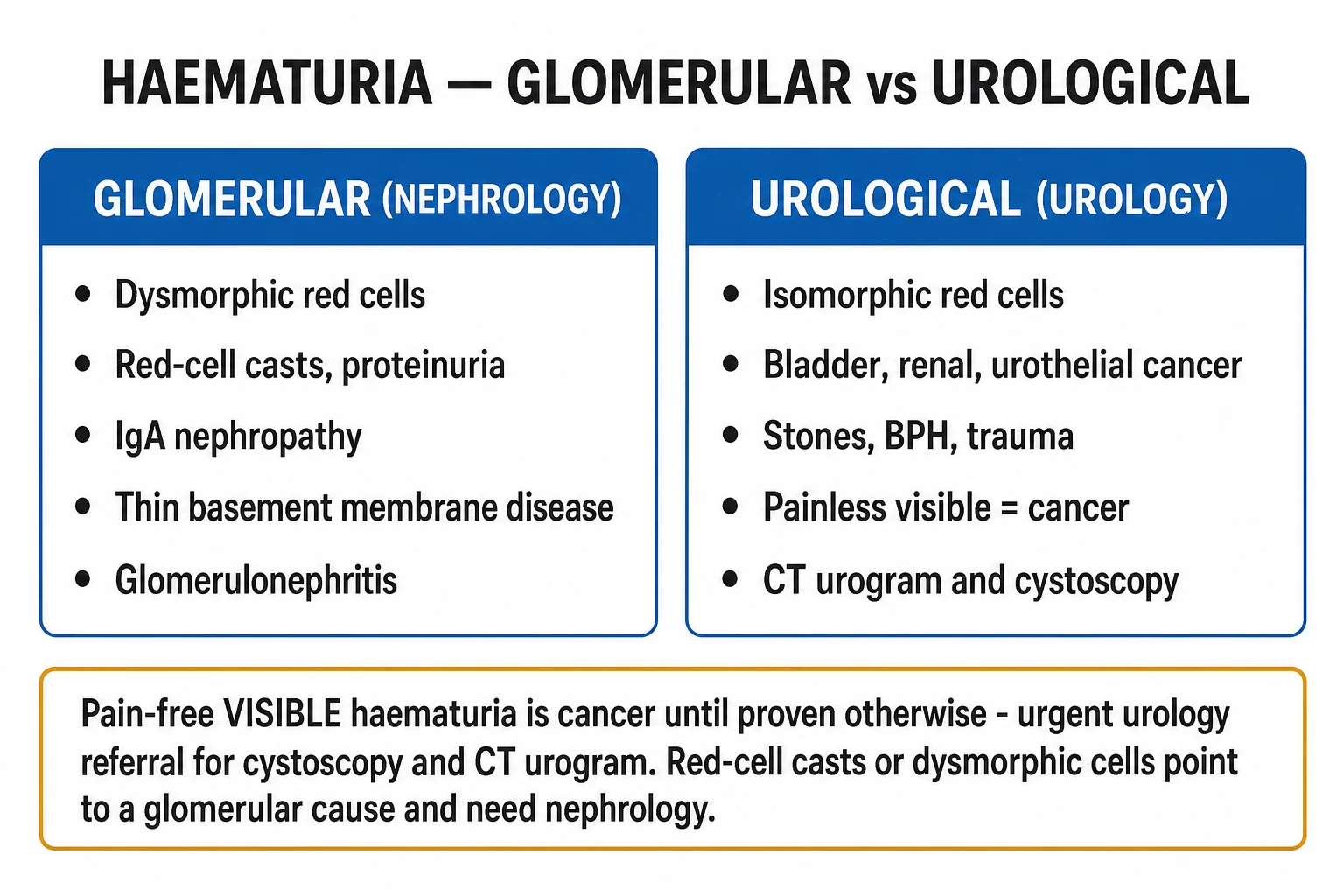 Clean four-box evaluation pathway infographic for haematuria