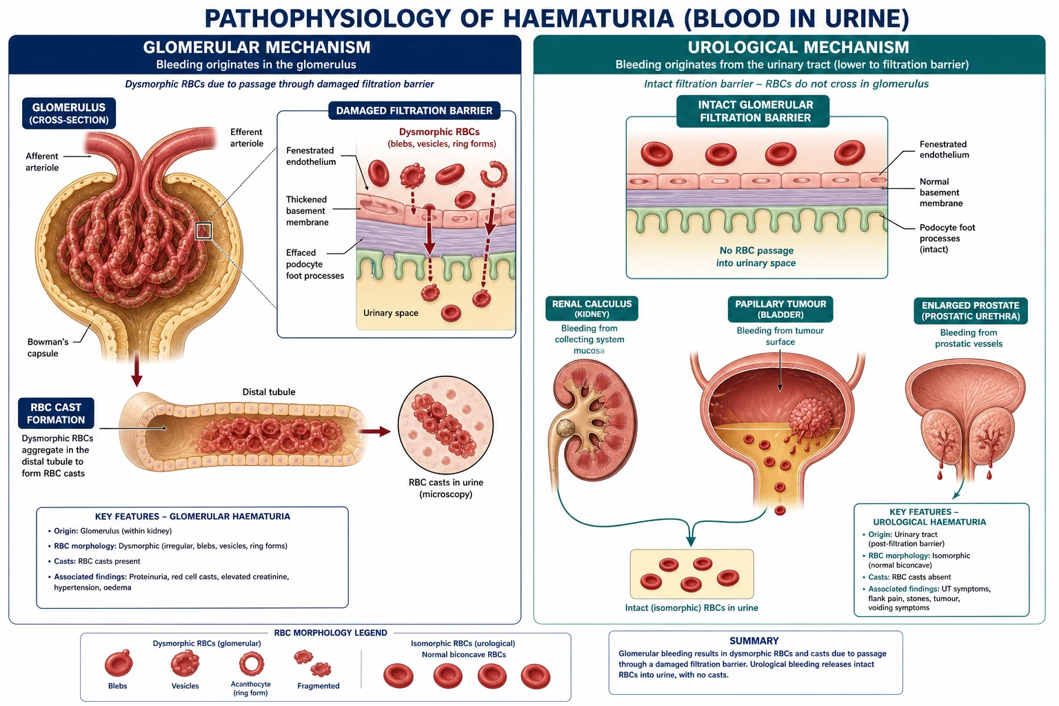 Mechanism infographic: damaged glomerular filtration barrier producing dysmorphic RBCs and casts vs intact barrier with lower-tract urological bleeding producing isomorphic RBCs