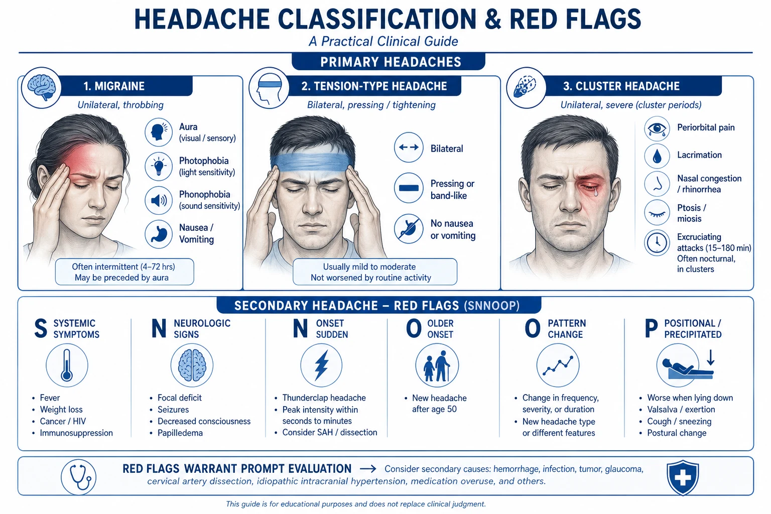 Mechanism infographic: migraine cortical spreading depression wave + trigeminovascular CGRP release; tension muscle contraction + central sensitisation; cluster hypothalamic activation + parasympathetic outflow