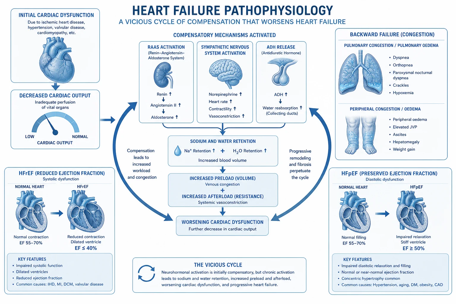 Diagram of the neurohormonal cascade in heart failure showing RAAS and sympathetic activation.