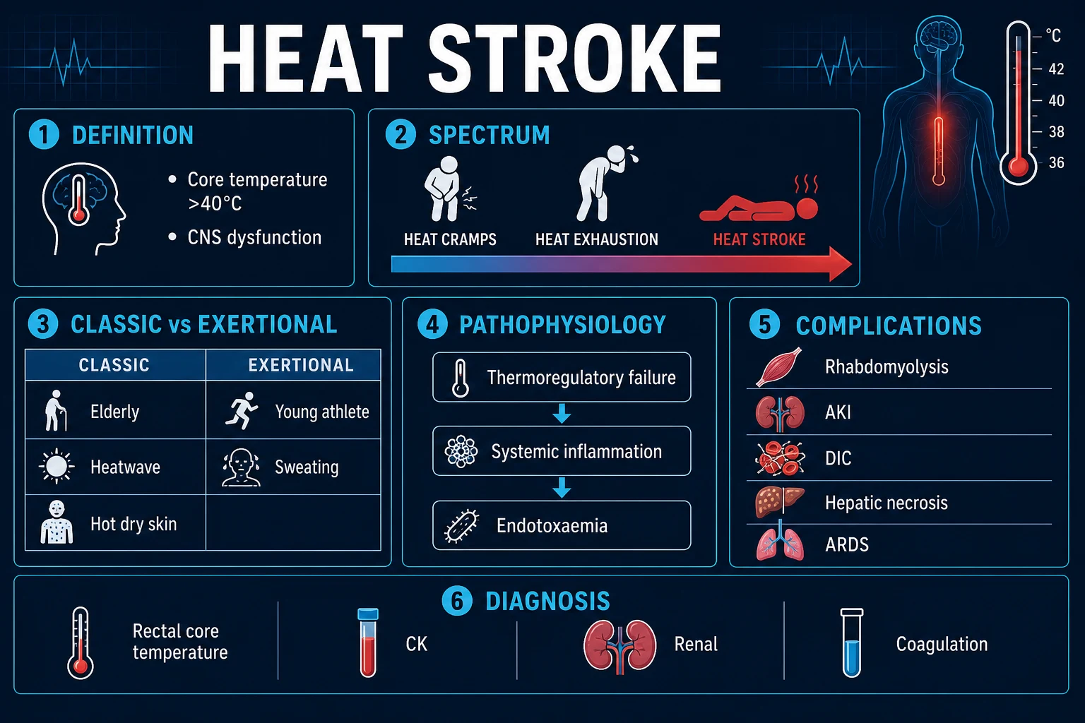 Clean infographic: classic vs exertional heat stroke, heat-illness spectrum, complications, drug precipitants
