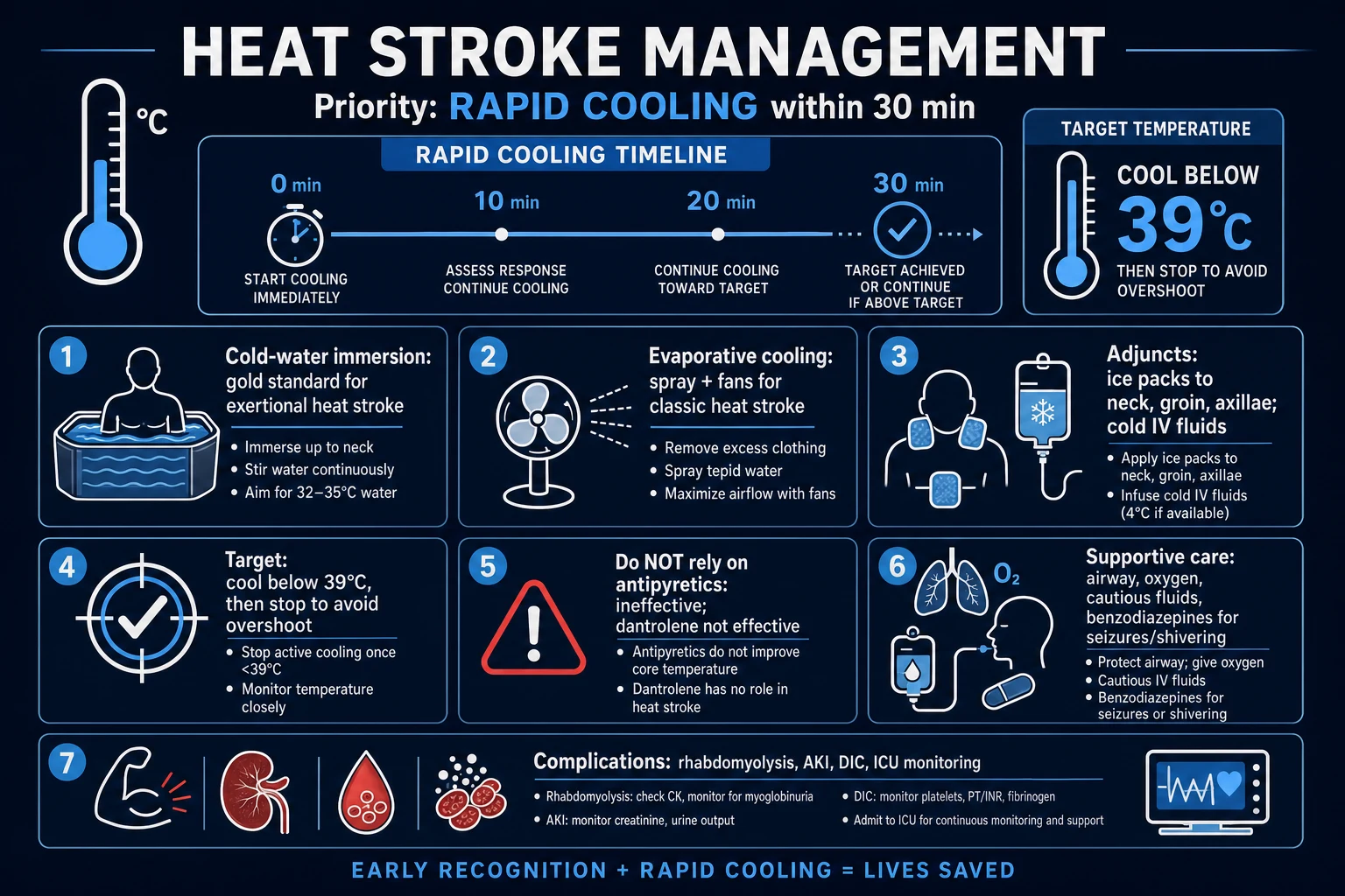 Clean management infographic: rapid cooling methods (cold-water immersion, evaporative, ice packs, cooled IV fluids), the 39 C target, and supportive care