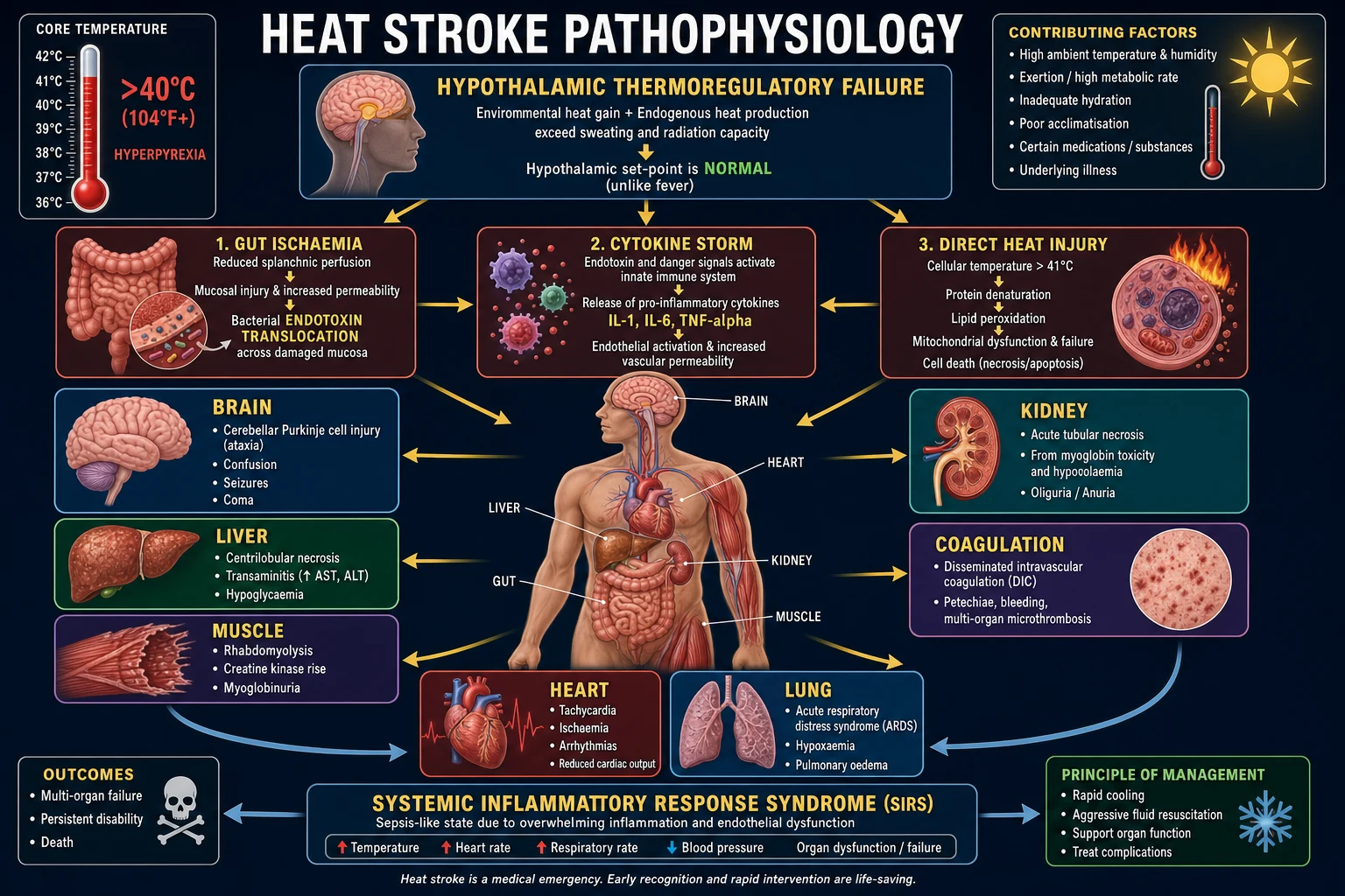 Medical pathophysiology infographic on a deep navy background showing the heat-stroke cascade from hypothalamic thermoregulatory failure to gut endotoxin translocation, cytokine storm, and organ-specific injury in brain, liver, muscle, kidney, coagulation, heart and lung