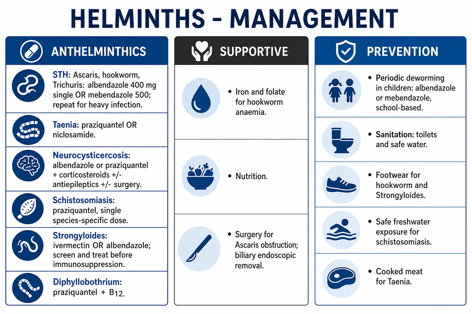 Clean management infographic: antihelminthics by worm group with drug, dose, route, and duration; plus supportive therapy and prevention