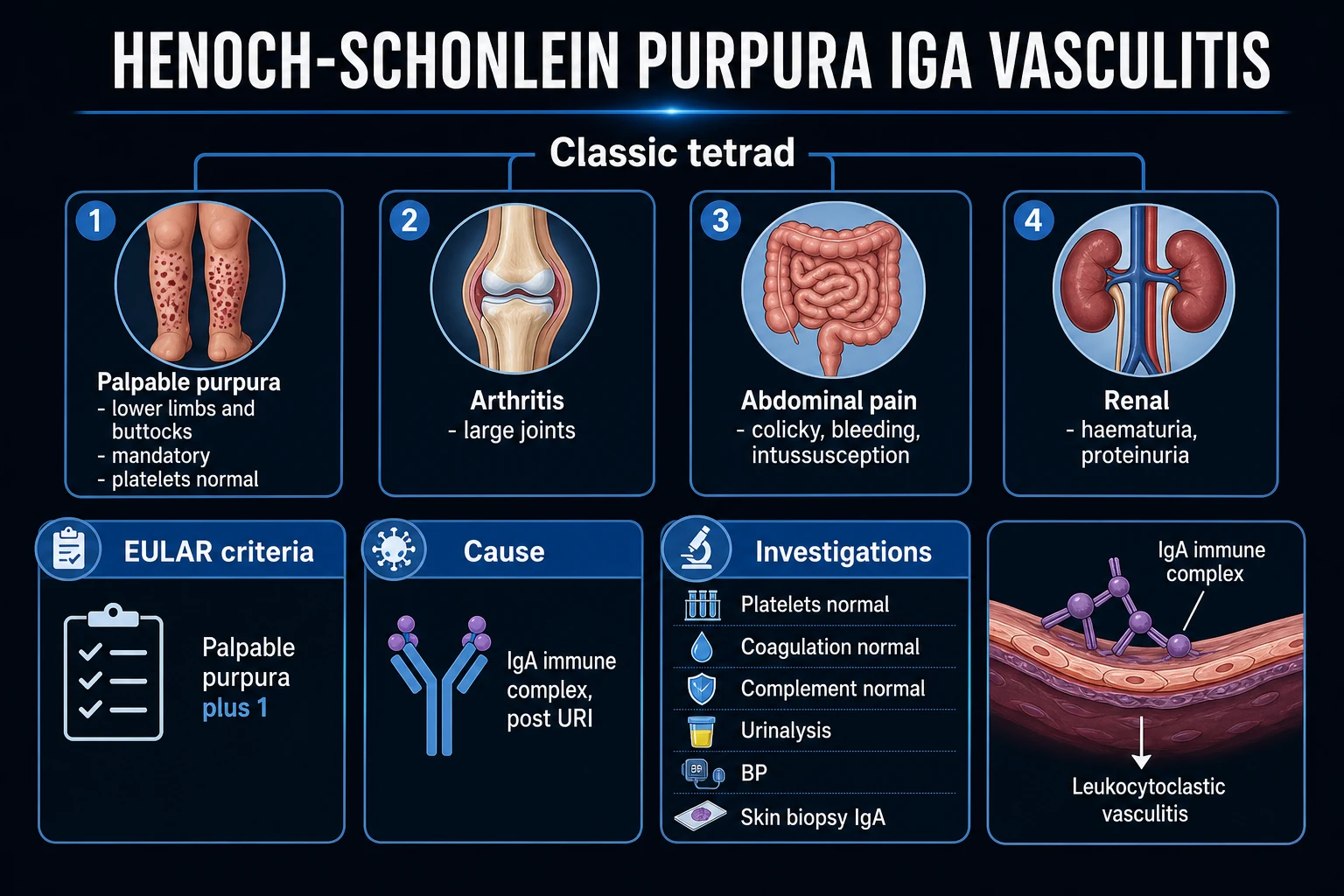 Clean infographic showing the HSP clinical tetrad, classification criteria comparison ACR vs EULAR, and ISKDC renal biopsy grades