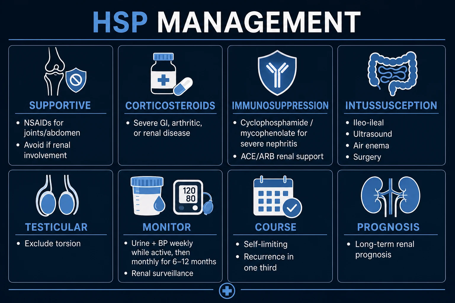 Clean management infographic: supportive care first with rest, hydration and simple analgesia, short-course corticosteroids for disturbing GI or joint symptoms, high-dose corticosteroids for severe disease, immunosuppression for severe nephritis under nephrology, ACE inhibitor for persistent proteinuria, follow-up BP and urinalysis for at least six months
