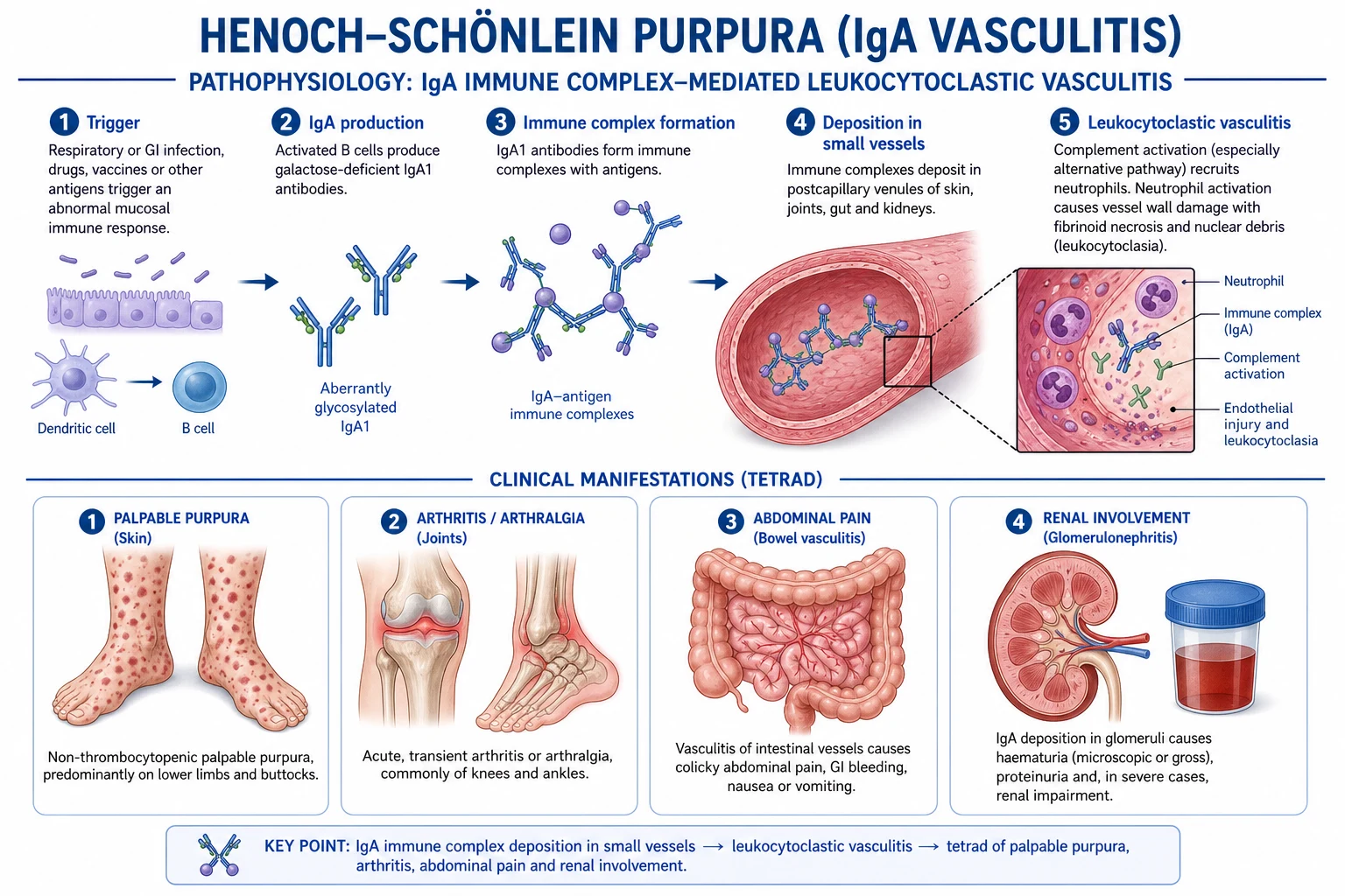 Mechanism infographic: galactose-deficient IgA1 to anti-glycan autoantibodies to circulating immune complexes to mesangial/vessel wall deposition to alternative and lectin complement activation to neutrophil leukocytoclastic vasculitis to palpable purpura and glomerulonephritis