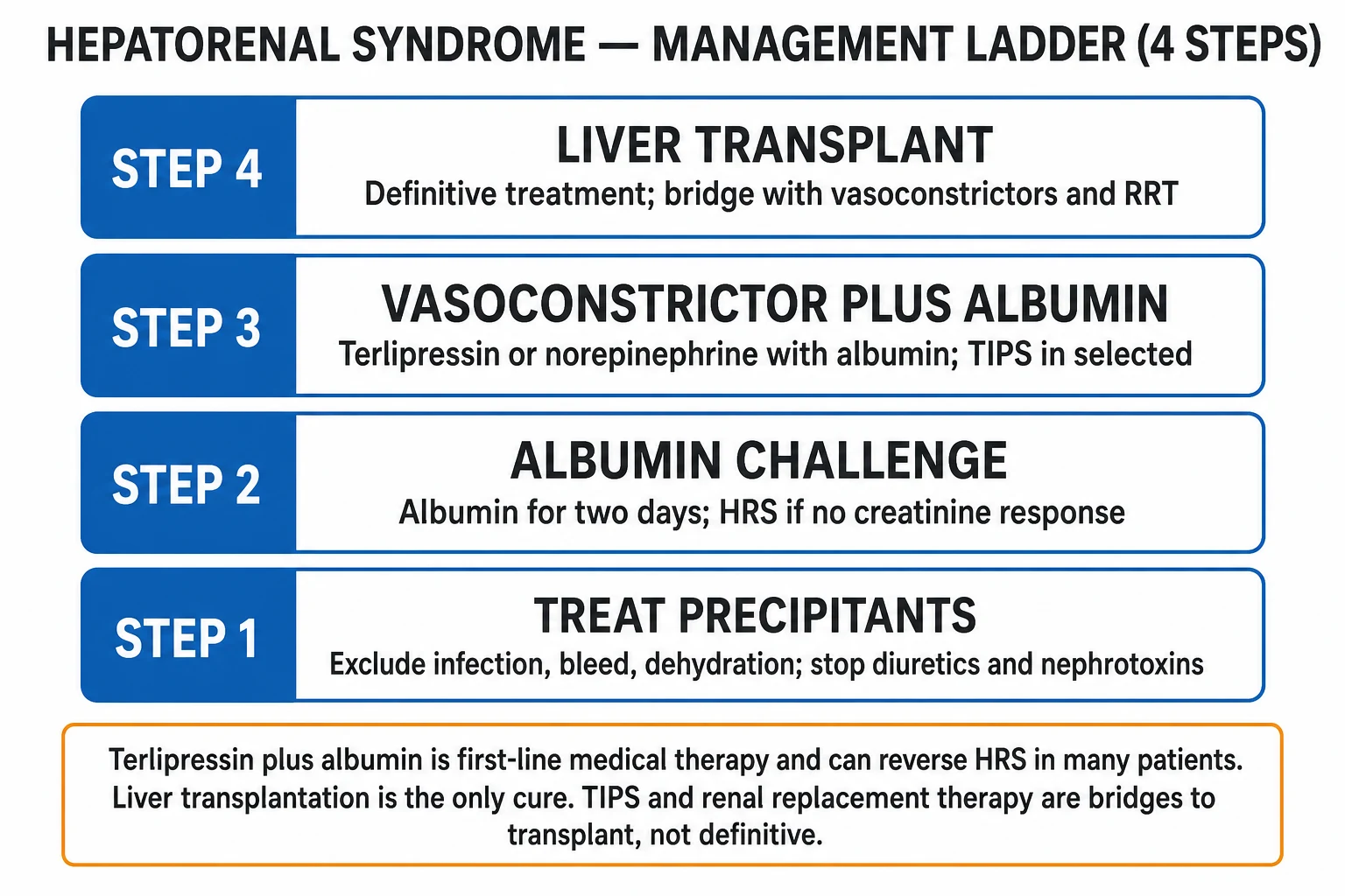 Clean management infographic: stepwise ladder from albumin and precipitant control to terlipressin plus albumin, then RRT and liver transplant, with escalation triggers