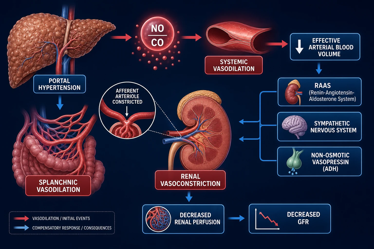 Mechanism infographic: cirrhotic liver with portal hypertension drives splanchnic NO/CO vasodilation, reduces effective arterial blood volume, triggers RAAS/SNS/ADH, produces renal vasoconstriction and falling GFR