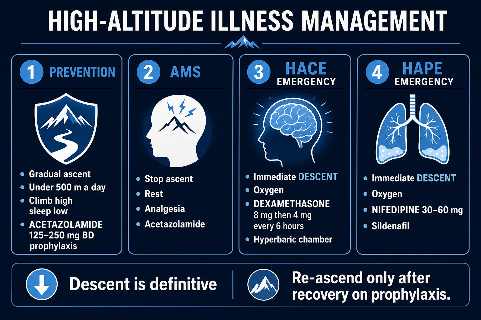 Clean management infographic: prevention, AMS, HACE and HAPE descent plus specific therapy