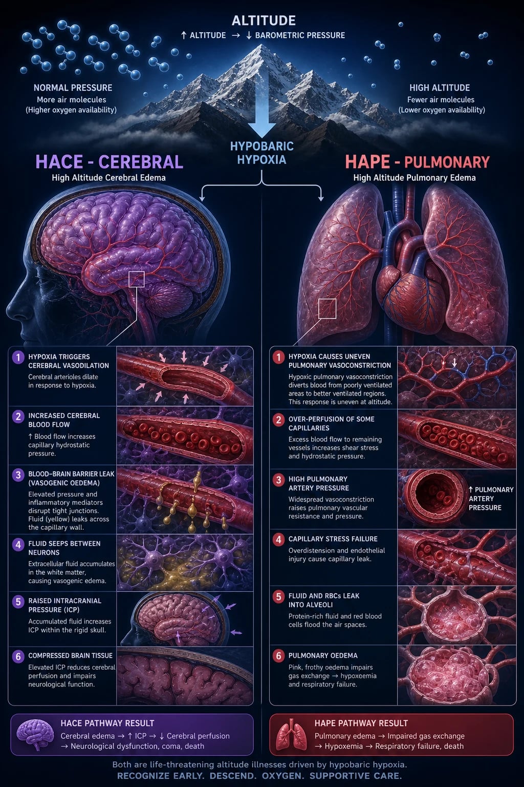 Mechanism infographic: hypobaric hypoxia splits into HACE cerebral vasogenic oedema (left) and HAPE non-cardiogenic pulmonary oedema via uneven hypoxic pulmonary vasoconstriction (right)