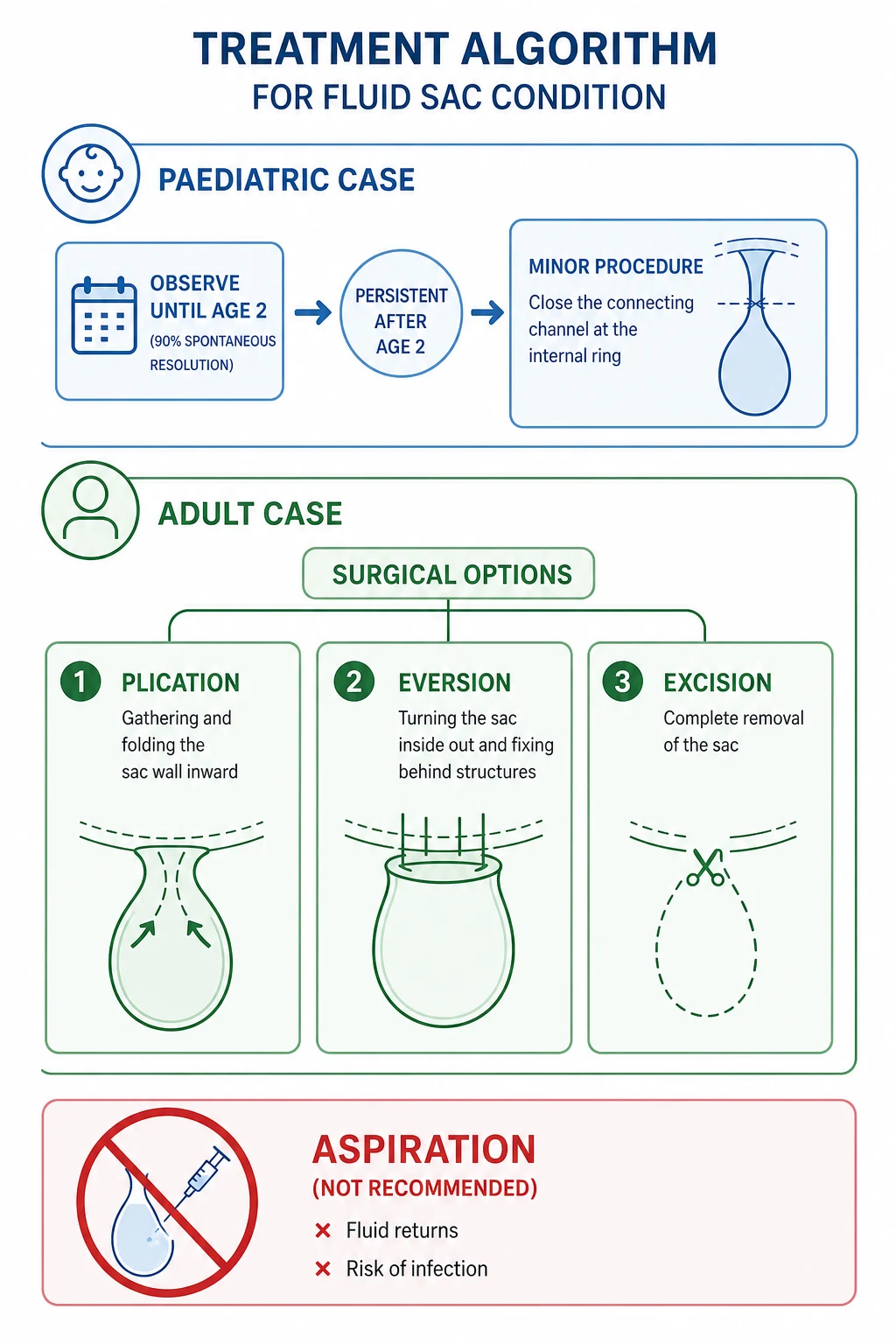 Management algorithm flowchart — congenital: observe until age 2 then herniotomy; adult: ultrasound then Lord plication or Jaboulay eversion or sac excision; aspiration-sclerotherapy for the unfit; filarial: surgery plus DEC.