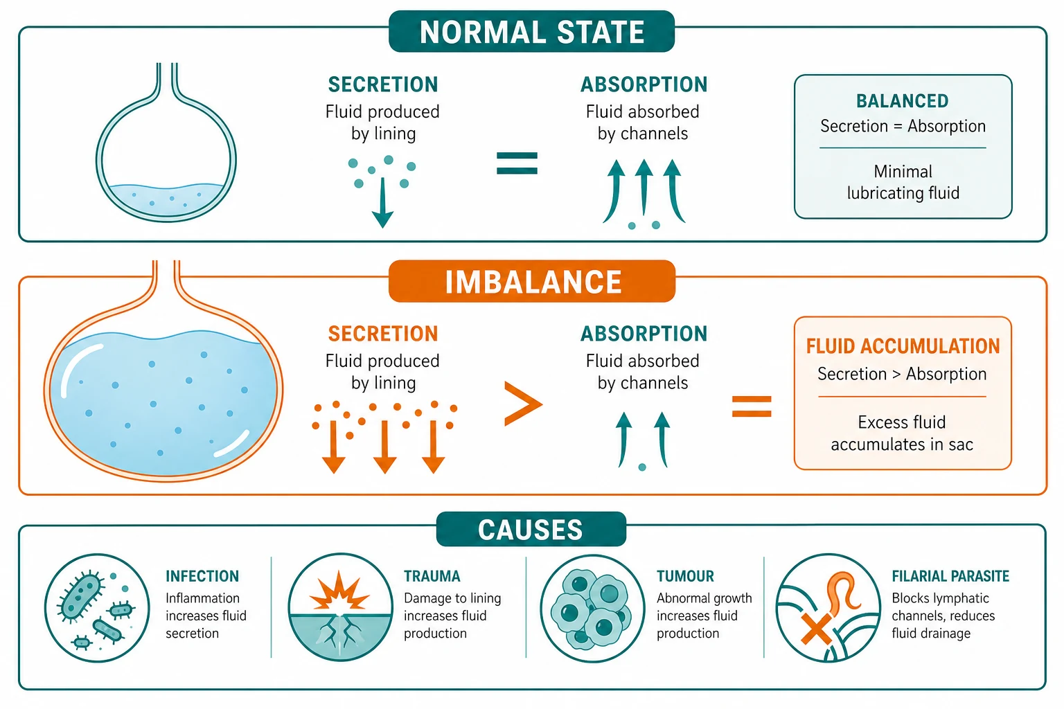 Diagram of the fluid-imbalance mechanism in the tunica vaginalis showing secretion exceeding absorption, alongside the secondary causes (infection, trauma, tumour, filariasis) and the lymphatic obstruction in Wuchereria bancrofti infection.