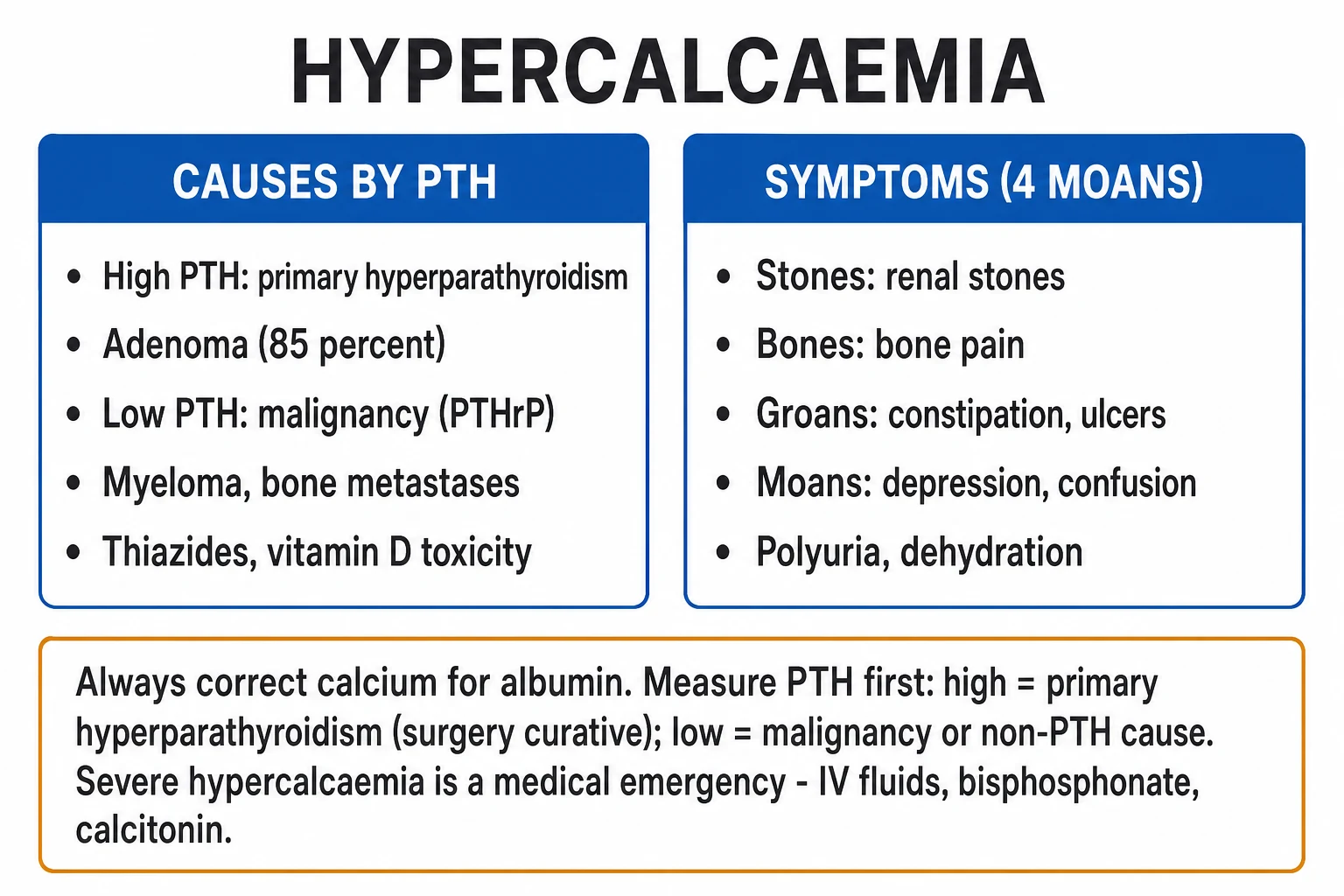 Clean infographic: PTH-based classification of hypercalcaemia with branching causes, drug list, and 24-h urinary calcium comparison
