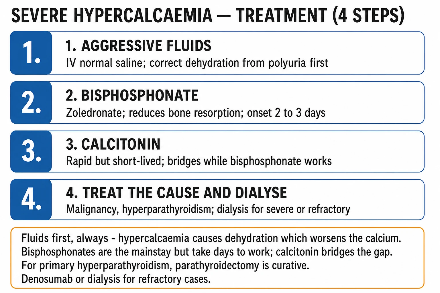 Clean management infographic showing the tiered treatment of hypercalcaemic crisis with saline, calcitonin, bisphosphonate, denosumab, dialysis, and definitive therapy per cause