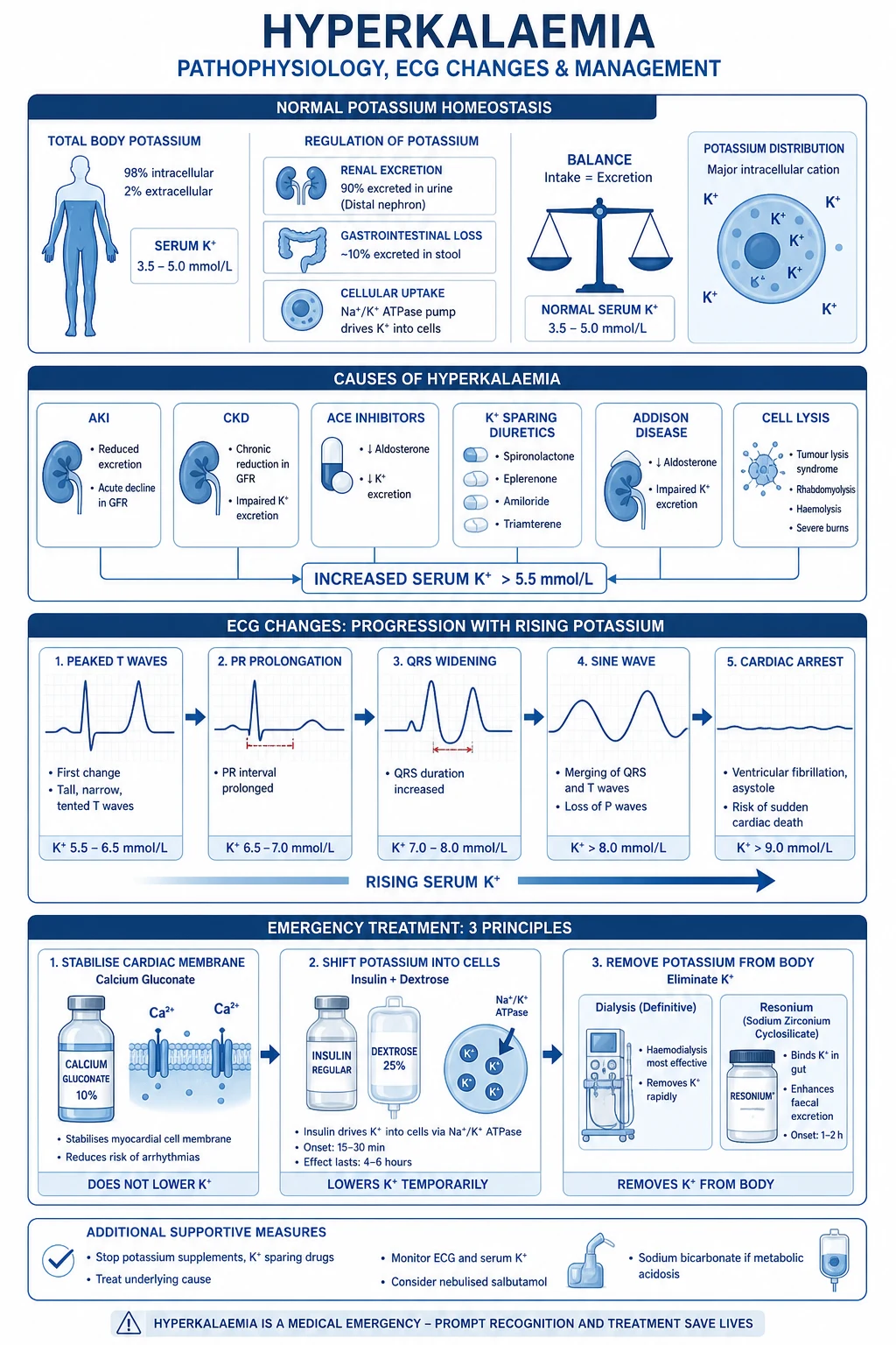 Pathophysiology infographic showing intracellular potassium predominance, Na-K ATPase, renal excretion pathway, insulin and beta-2 mediated intracellular shift, and acidosis-induced transcellular shift