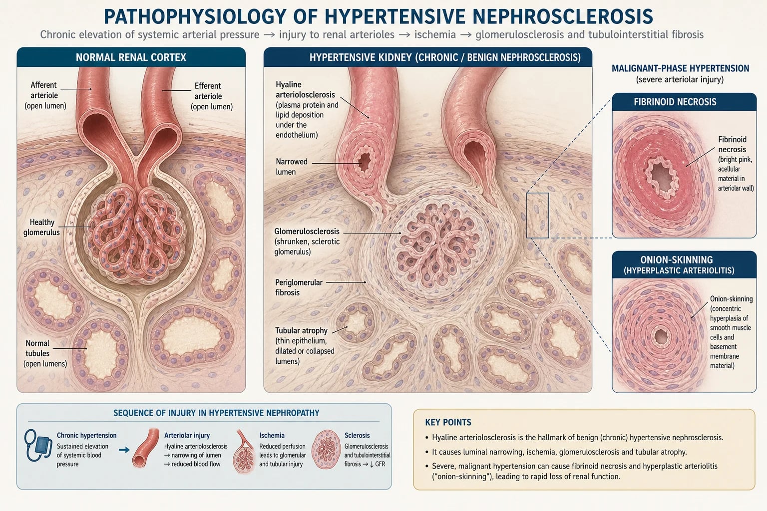 Medical educational illustration comparing a normal renal cortex with a hypertensive kidney showing hyaline arteriolosclerosis, glomerulosclerosis, fibrinoid necrosis and onion-skinning