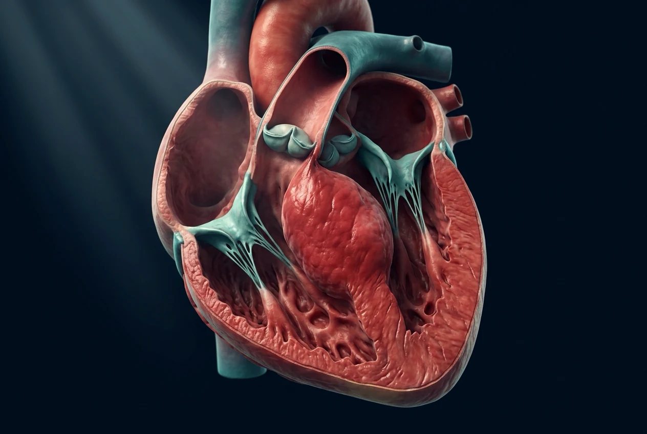 Mechanistic infographic contrasting obstructive HCM (basal septal hypertrophy, SAM, dynamic LVOT gradient, posterior mitral regurgitation jet) with non-obstructive HCM (concentric or apical hypertrophy without SAM)