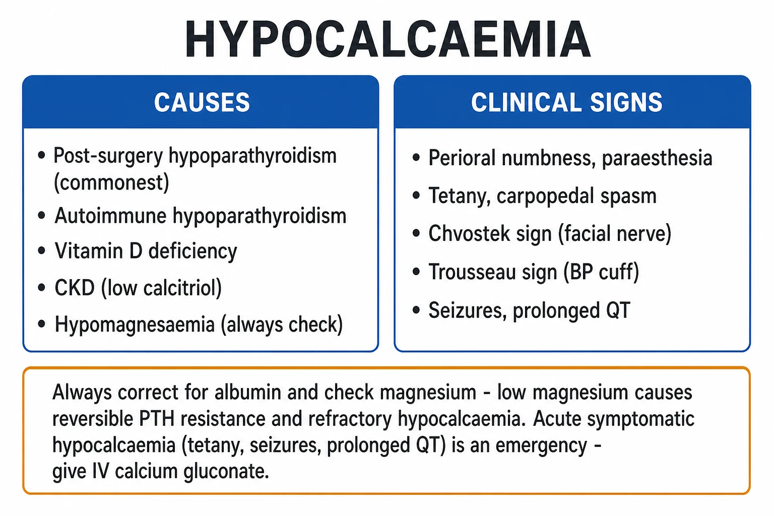 Two-column infographic classifying hypocalcaemia by PTH response, clinical setting and severity, with the albumin-adjustment concept and the magnesium trap highlighted
