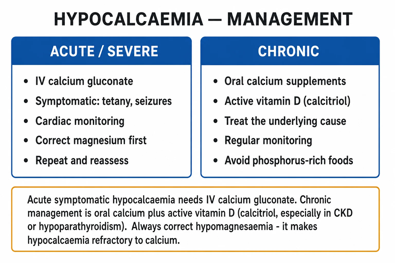 Two-column management infographic contrasting acute severe symptomatic hypocalcaemia (IV calcium gluconate with ECG monitoring, magnesium correction) with chronic hypoparathyroidism (oral calcium, active vitamin D, low-normal target, PTH analogue)