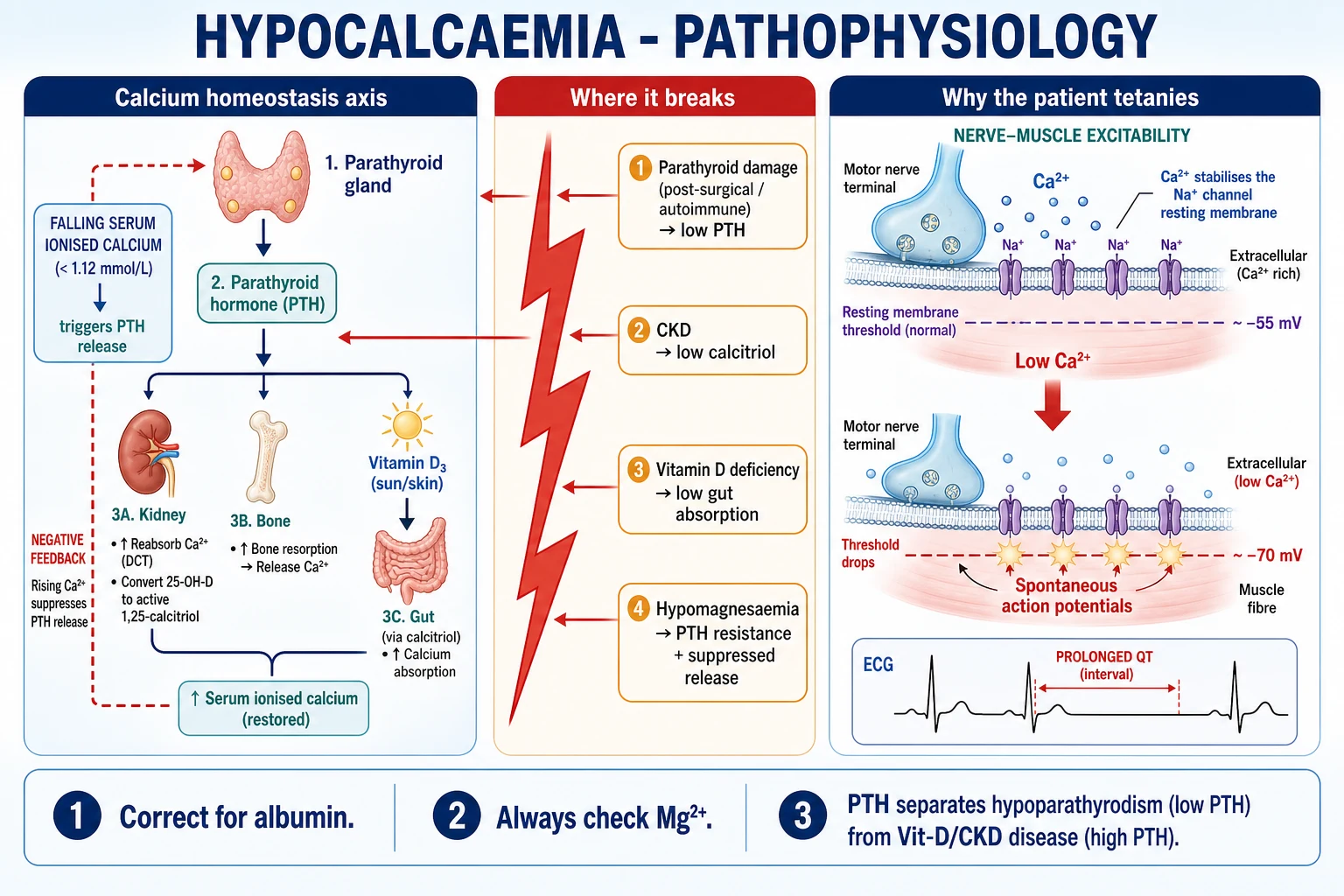 Two-panel pathophysiology infographic: the PTH-calcium-vitamin D homeostasis axis with its points of failure, and the mechanism by which low calcium produces neuromuscular irritability