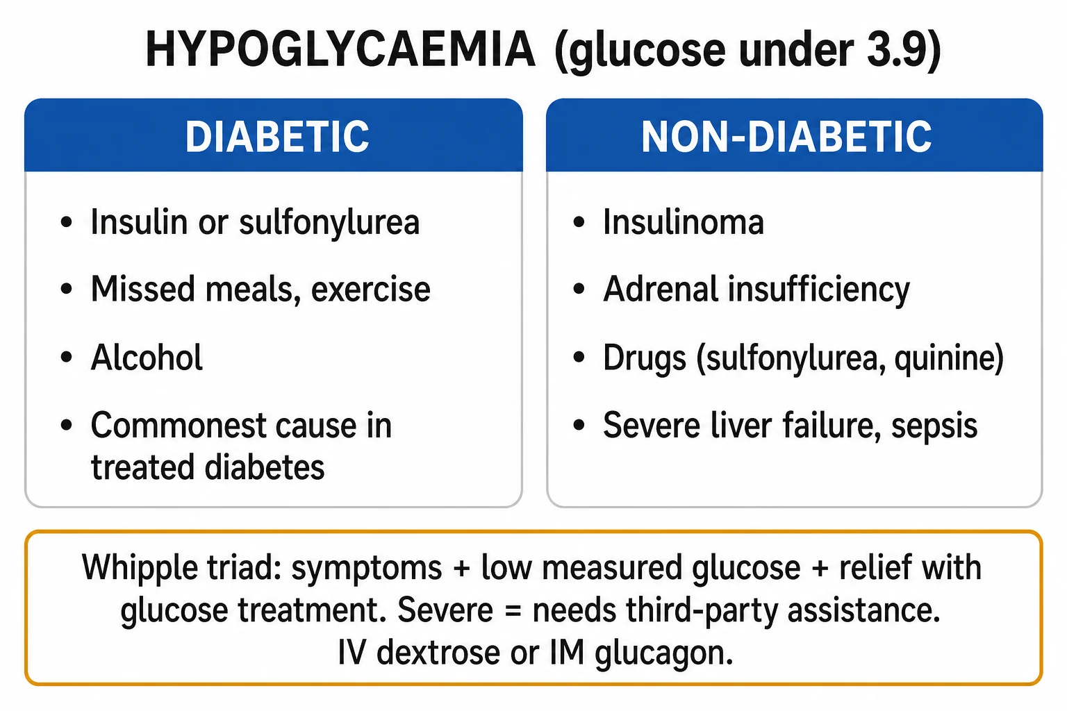 Management infographic: 15-15 rule for mild; IV 10-20% dextrose or IM glucagon 1 mg for severe; octreotide for sulfonylurea; hydrocortisone for adrenal crisis; diazoxide/everolimus/surgery for insulinoma; targeted treatment for non-islet cell tumour