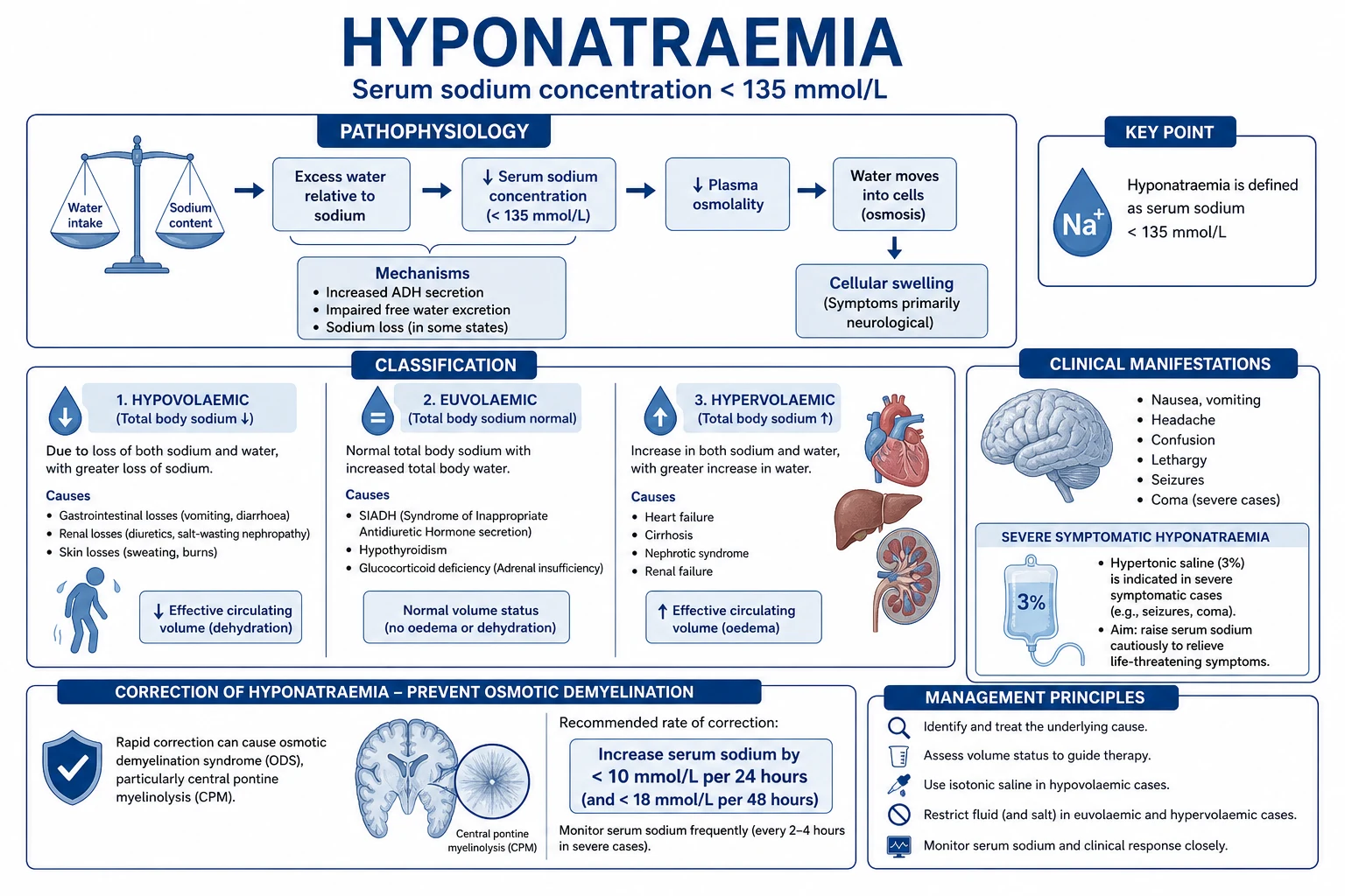 Pathophysiology infographic showing osmoreceptor-ADH-AQP2 axis, astrocyte volume-regulation, and the dual risk of cerebral oedema (acute) versus osmotic demyelination (chronic, over-corrected)