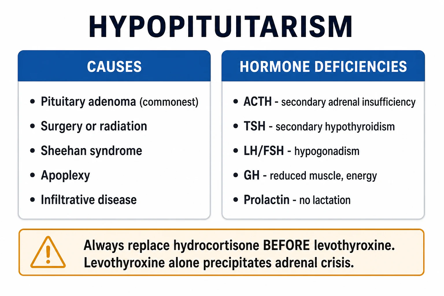 Clean infographic of hypopituitarism causes and the hormone-deficiency profile of each anterior pituitary axis