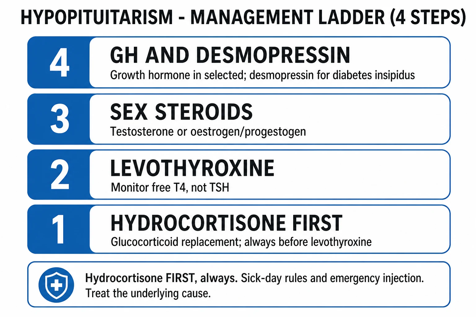 Clean management infographic: hormone replacement ladder with hydrocortisone first, then levothyroxine, sex steroids, GH, desmopressin, plus sick-day rules