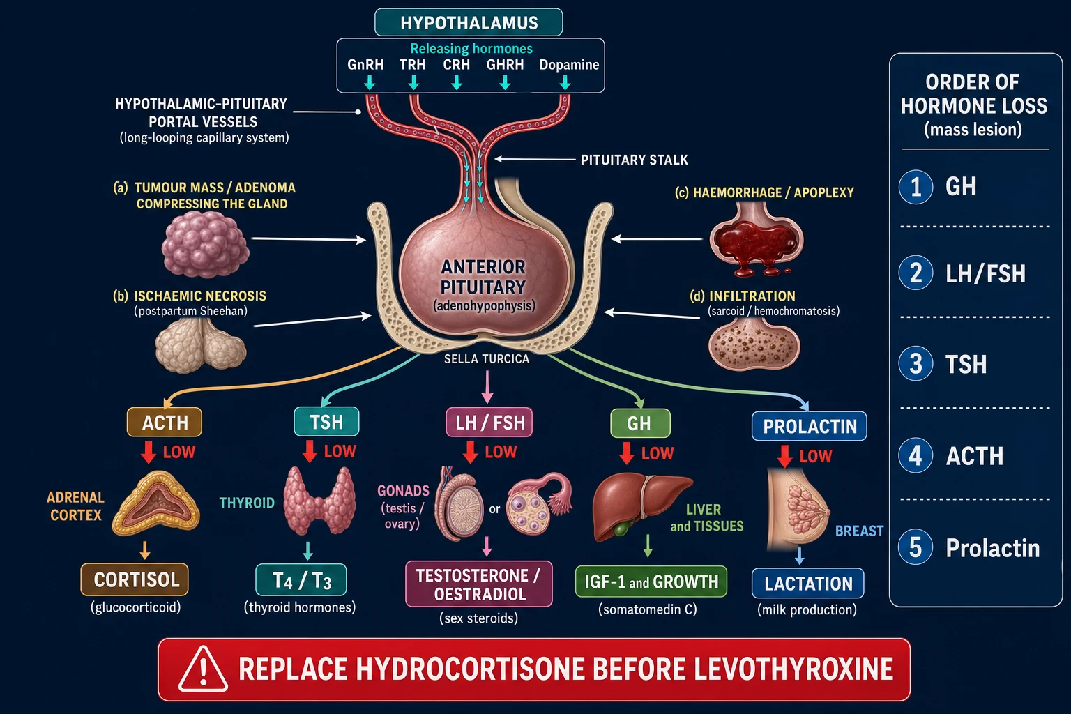 Mechanism infographic: hypothalamic releasing hormones via the portal system to the anterior pituitary, four damage mechanisms (compression, ischaemic necrosis, haemorrhage, infiltration), five downstream hormone axes collapsing, and the order of hormone loss