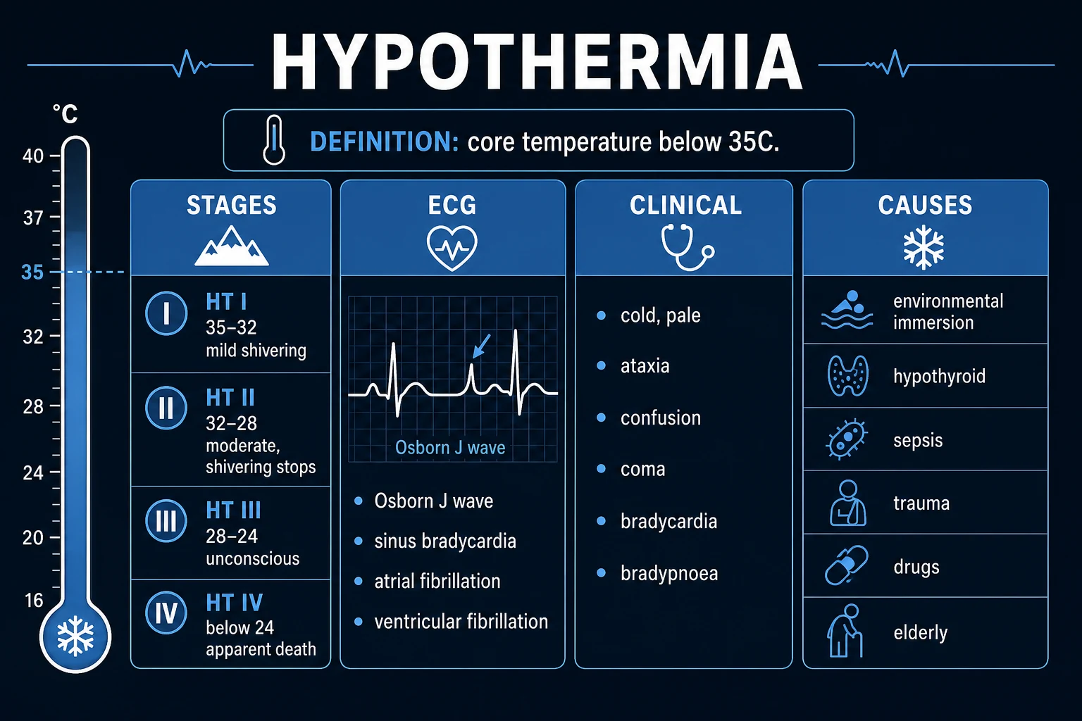 Clean infographic: stages by temperature, ECG changes, causes