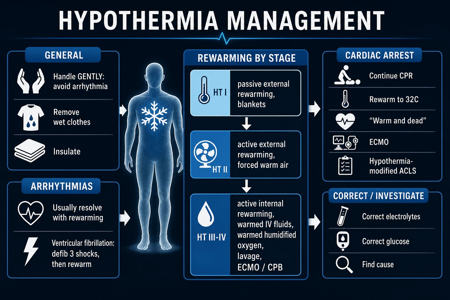 Clean management infographic: gentle handling, staged rewarming by HT stage, arrest rewarming and ECLS