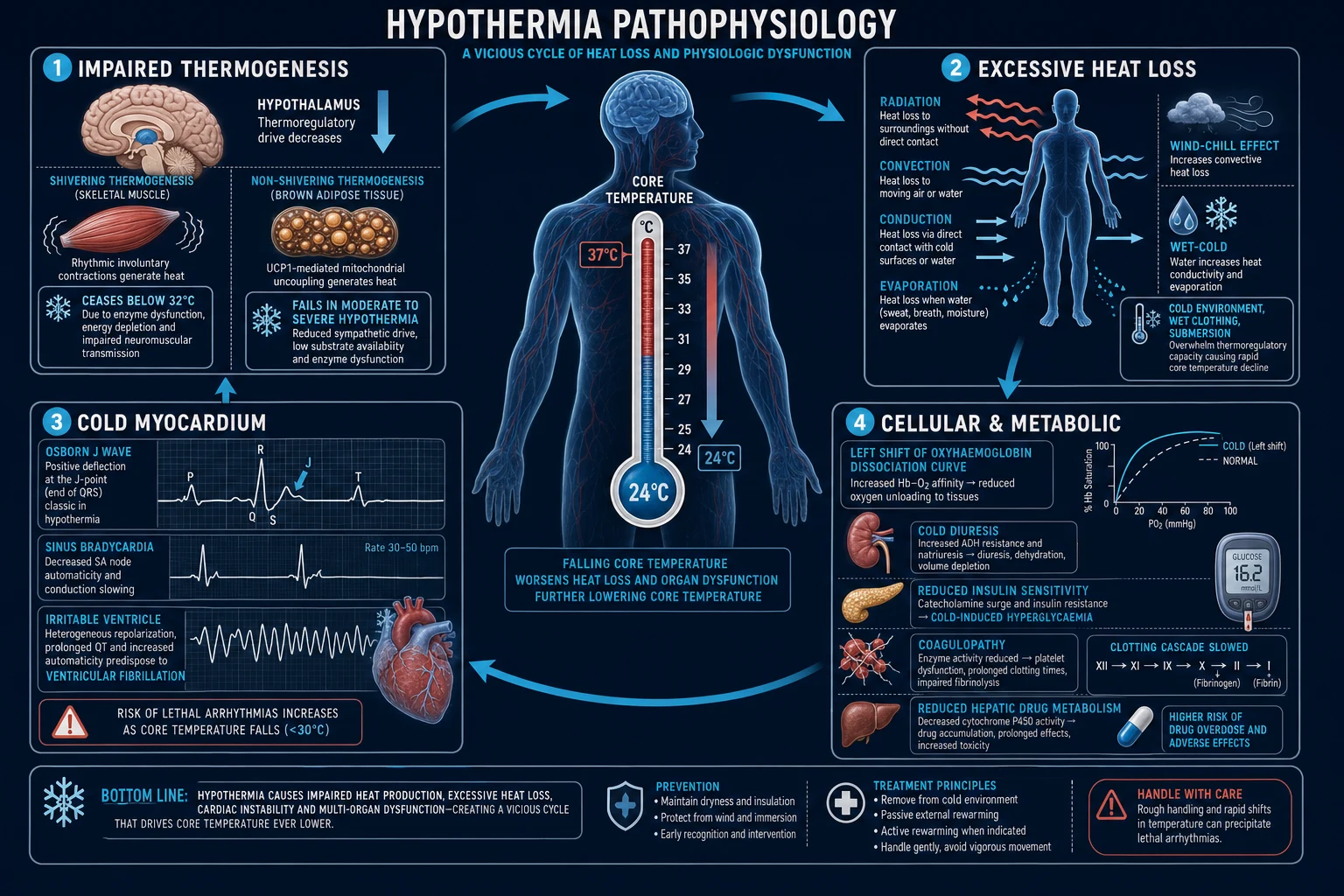 Medical pathophysiology infographic: hypothalamic set-point, shivering, Osborn J wave on ECG, coagulopathy