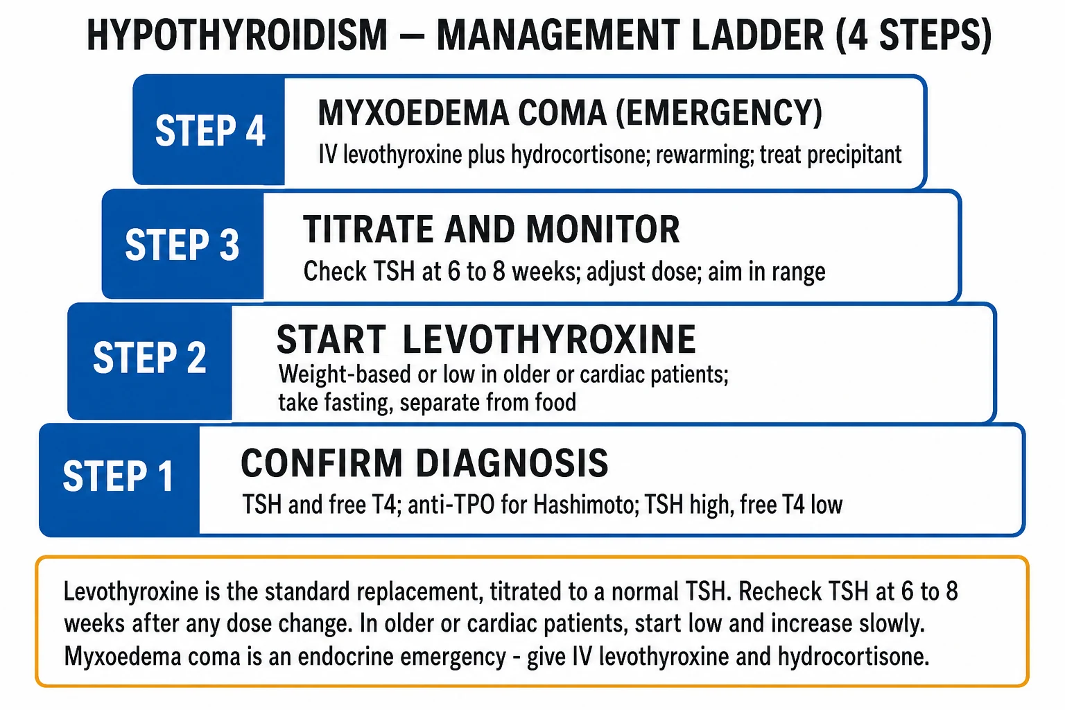 Management ladder: starting dose by patient type (young healthy full weight-based replacement, elderly and cardiac patients started low and titrated slowly, pregnancy requiring a higher dose), monitoring TSH about two months after starting, central disease monitored to free T4, subclinical thresholds, and the myxoedema-coma emergency bundle