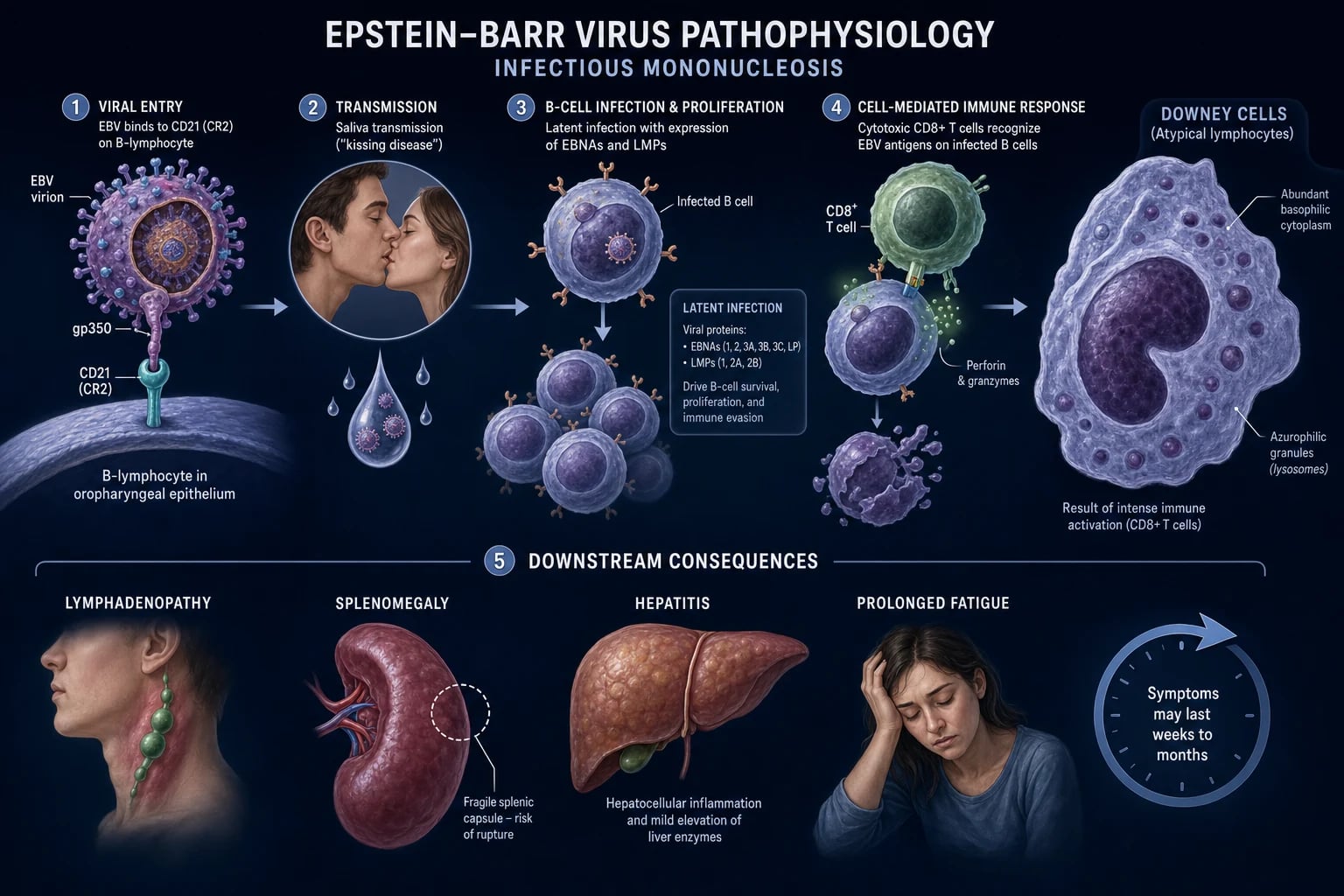 Mechanism infographic: EBV virion gp350 binding CD21 on a B cell, latency with EBNAs/LMPs, polyclonal B-cell activation, cytotoxic CD8+ T-cell response producing atypical lymphocytes, and downstream organ consequences